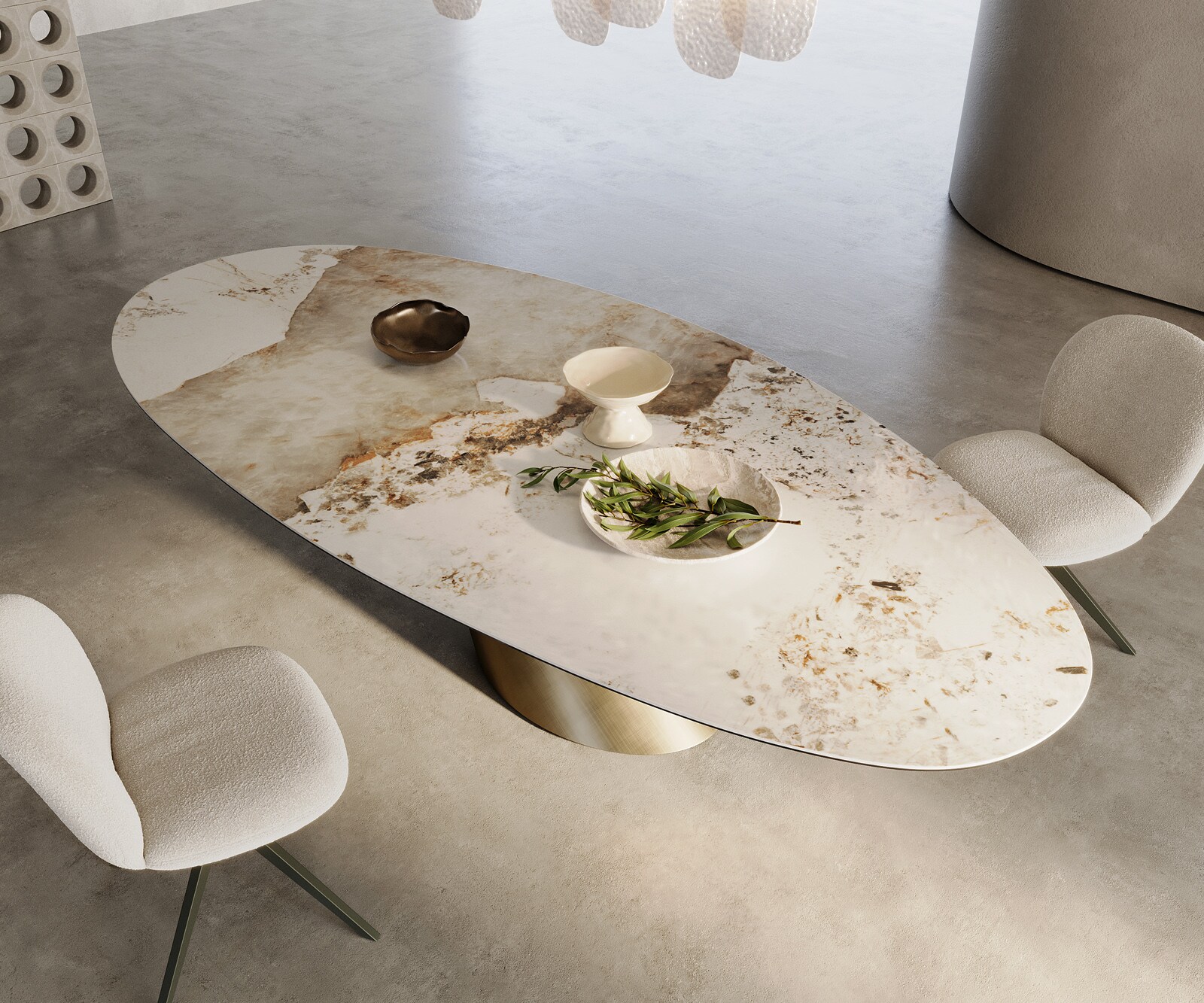 Esstisch Edge Oval 280x130 Keramik Minas Melange Weiß-Beige Cono Metallic Gold 1