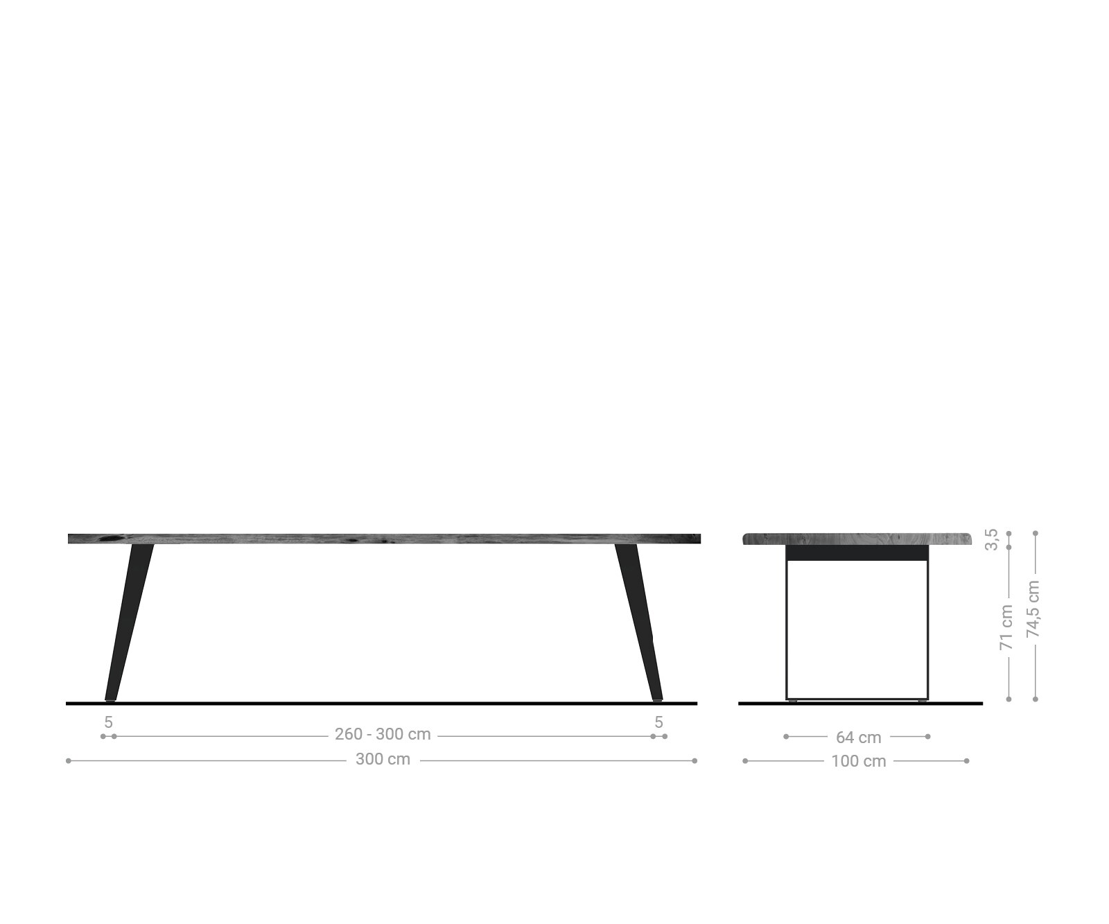 Esstisch Edge 300x100cm Akazie Braun Edelstahl Silber schräg Live-Edge 5