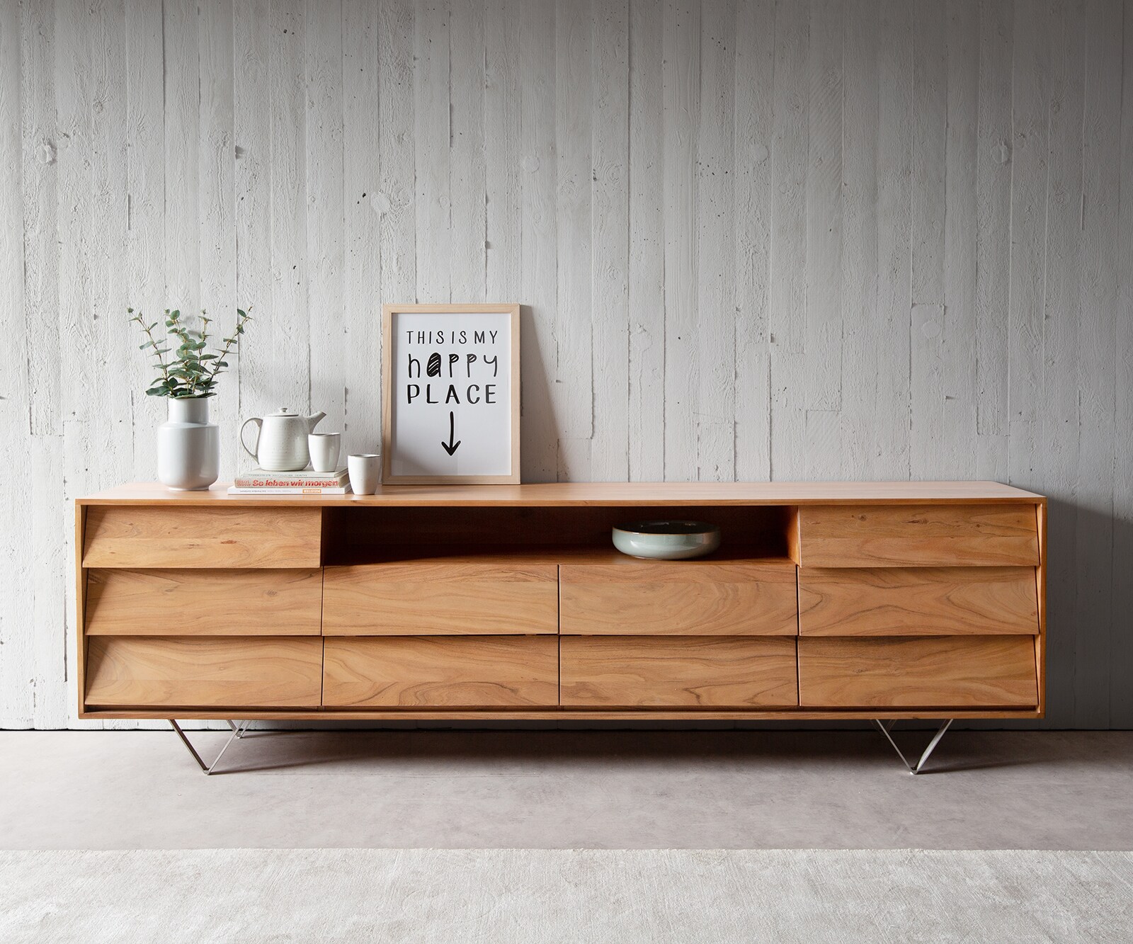 Sideboard Eloi 240x40 cm Akazie Natur 2 Türen 6 Schubladen V-Fuß Edelstahl 1