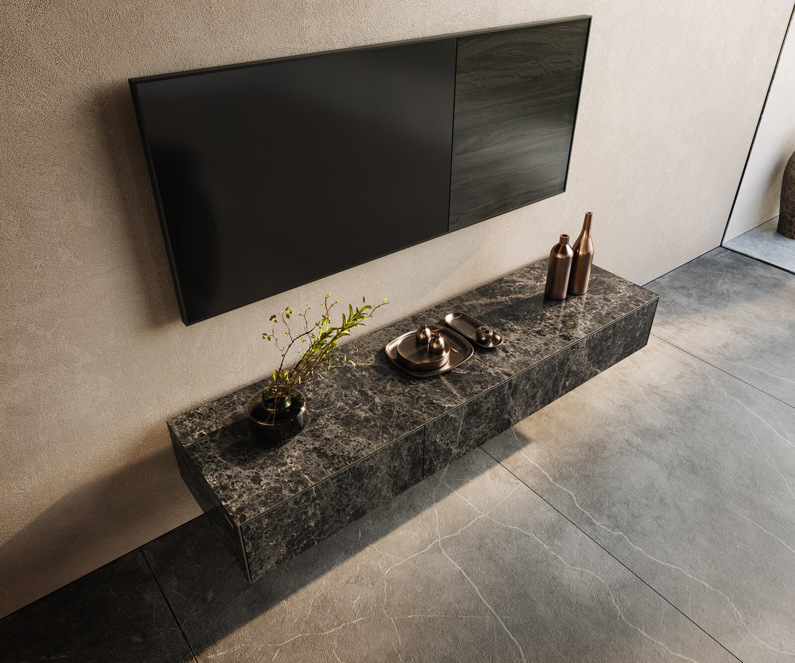 Lowboard Cuor 150 cm Keramik Laminam® Emperador Extra Lucidato Dunkelbraun 1 Klappe 1 Schubfach Schwebend 3