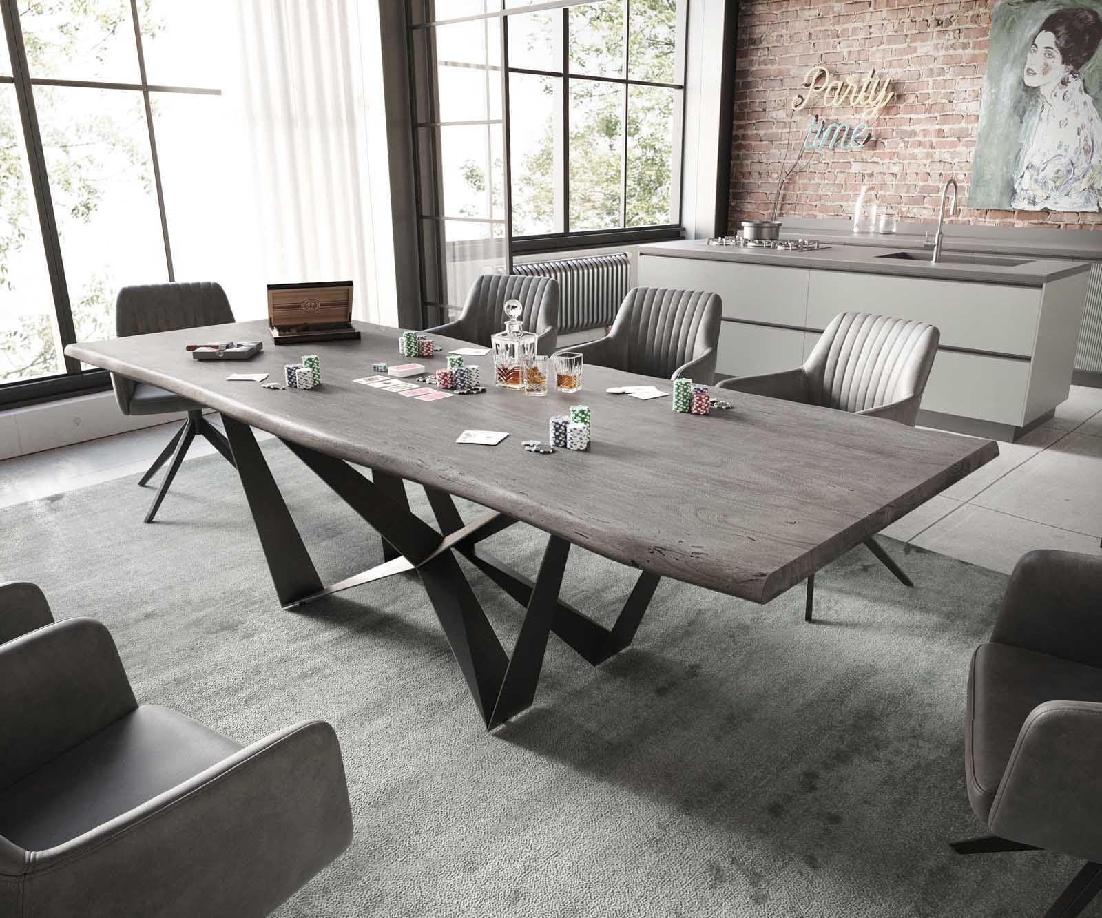 Esstisch Edge 260x100 Akazie Platin Spider Flachstahl Schwarz Live-Edge