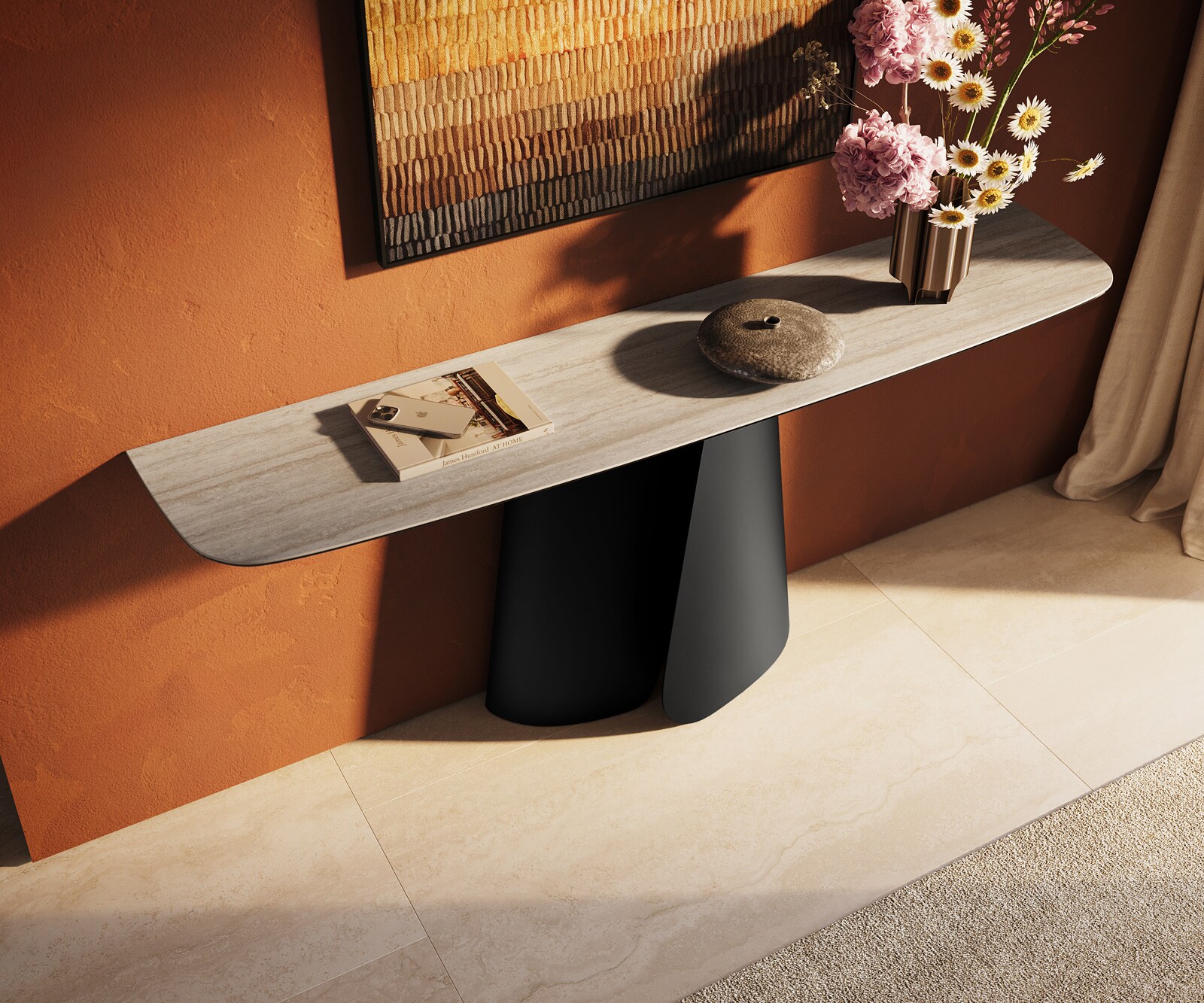 Konsolentisch Edge Boot 180x40 cm Keramik Laminam® Travertino Bianco Creme-Weiß Livos Metall Schwarz 3