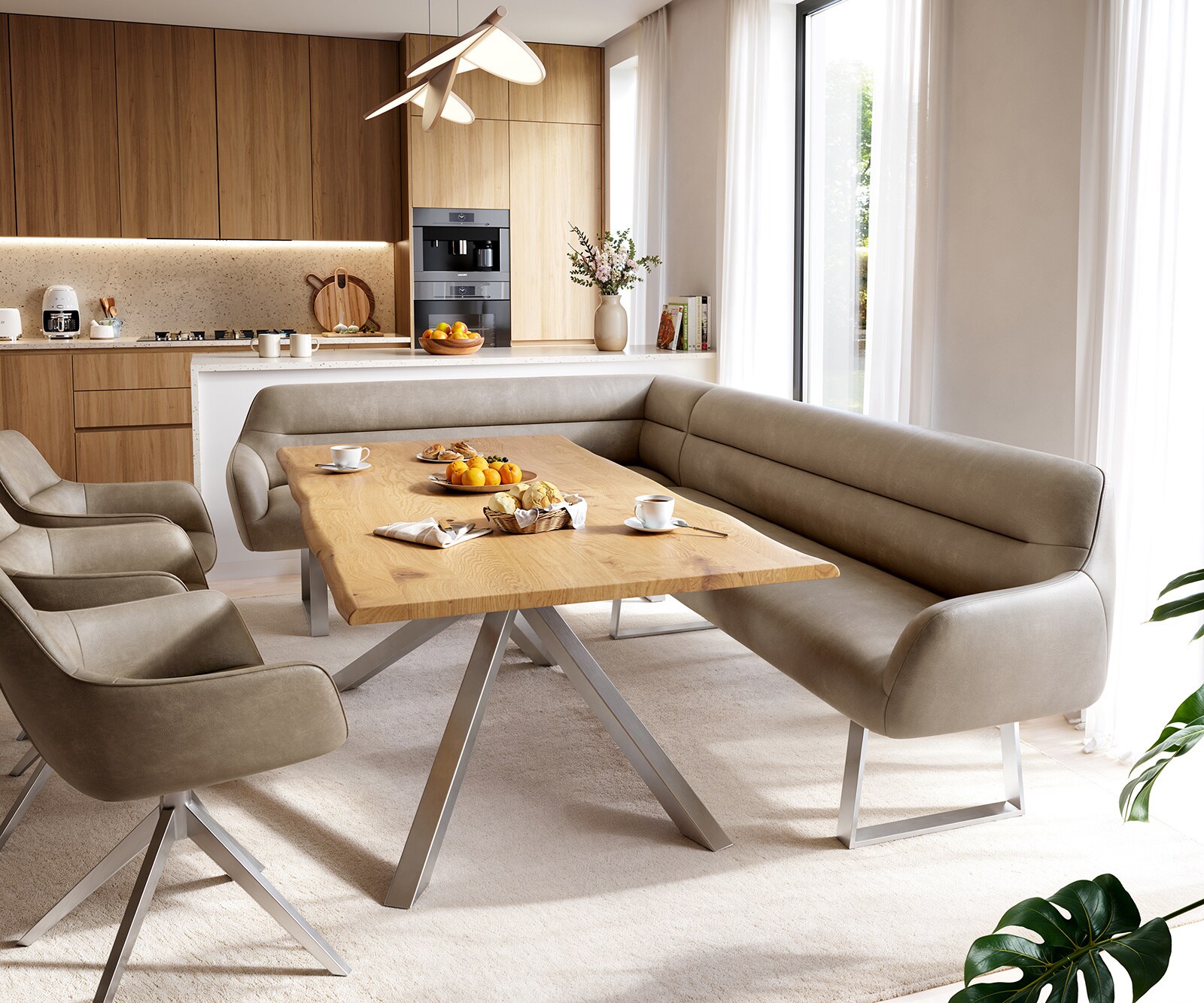 Esszimmerbank Taya-Flex 285x190 cm Mikrofaser Beige Vintage Kufengestell kantig Edelstahl Taschenfederkern Rechts 1