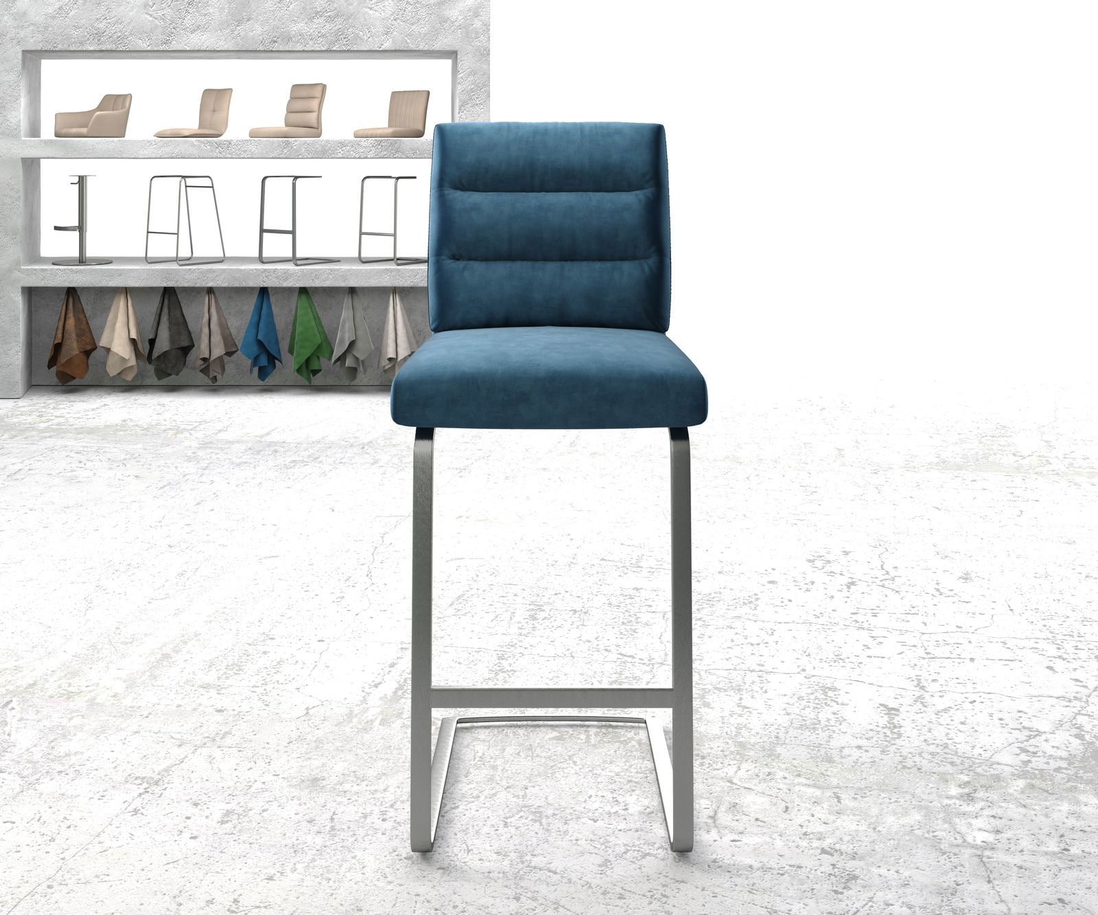 Barstuhl Pela-Flex Samt Blau Freischwinger flach Edelstahl 1