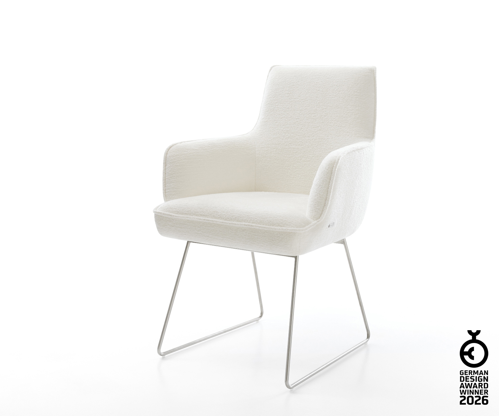 Esszimmerstuhl Heira-Flex mit Armlehnen Bouclé Soft Beige Kufengestell Edelstahl Taschenfederkern