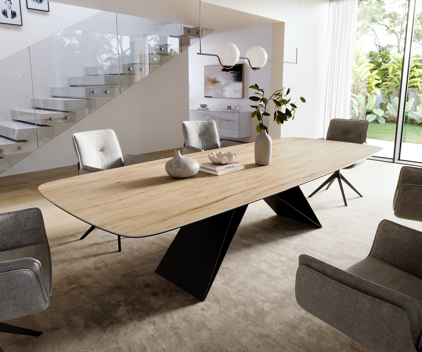 Esstisch Edge Boot 300x120 cm Keramik Laminam® Sabbia Eichefarbig V-Gestell Flachstahl Schwarz 1