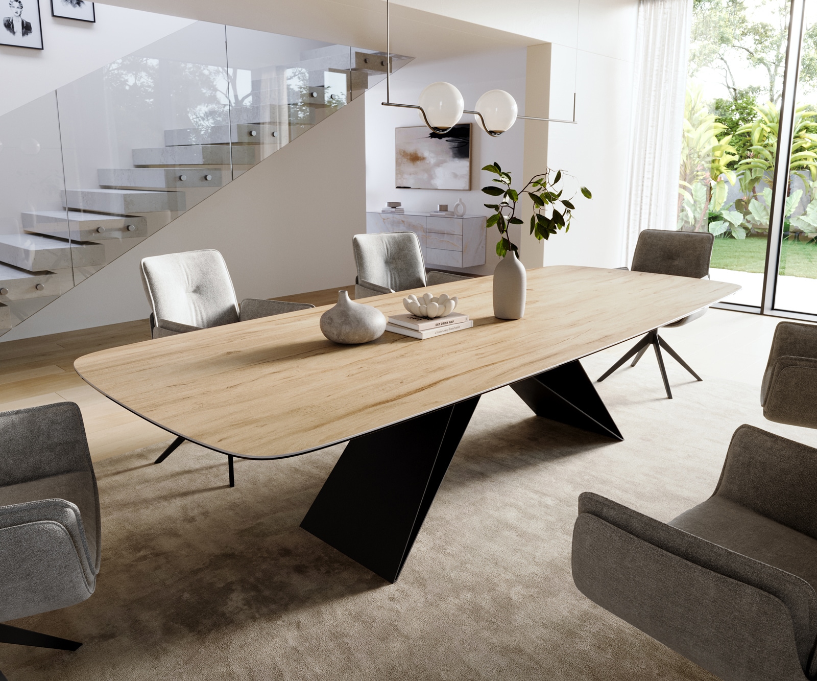 Esstisch Edge Boot 300x120 cm Keramik Laminam® Sabbia Eichefarbig V-Gestell Flachstahl Schwarz