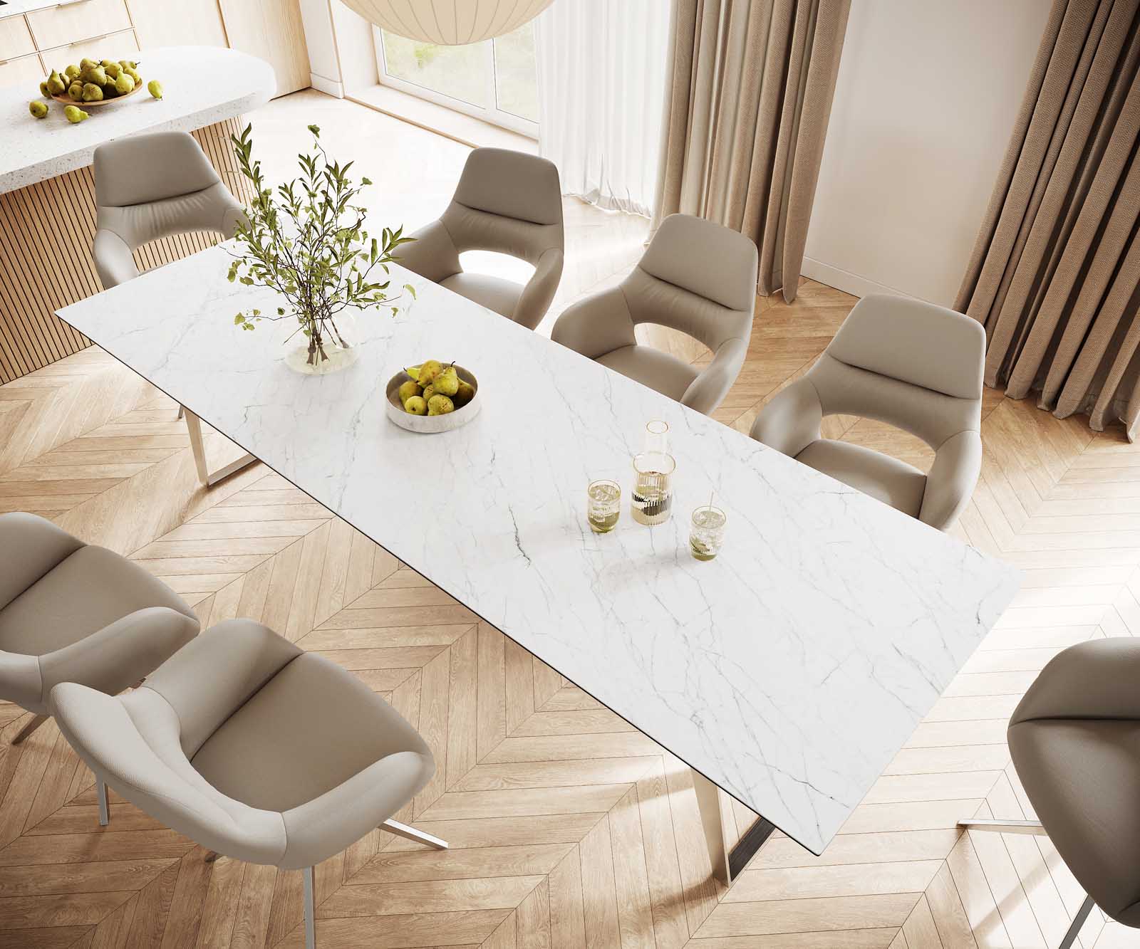 Esstisch Edge 300x100 Keramik Laminam® Statuarietto Weiß Edelstahl Schräg 3
