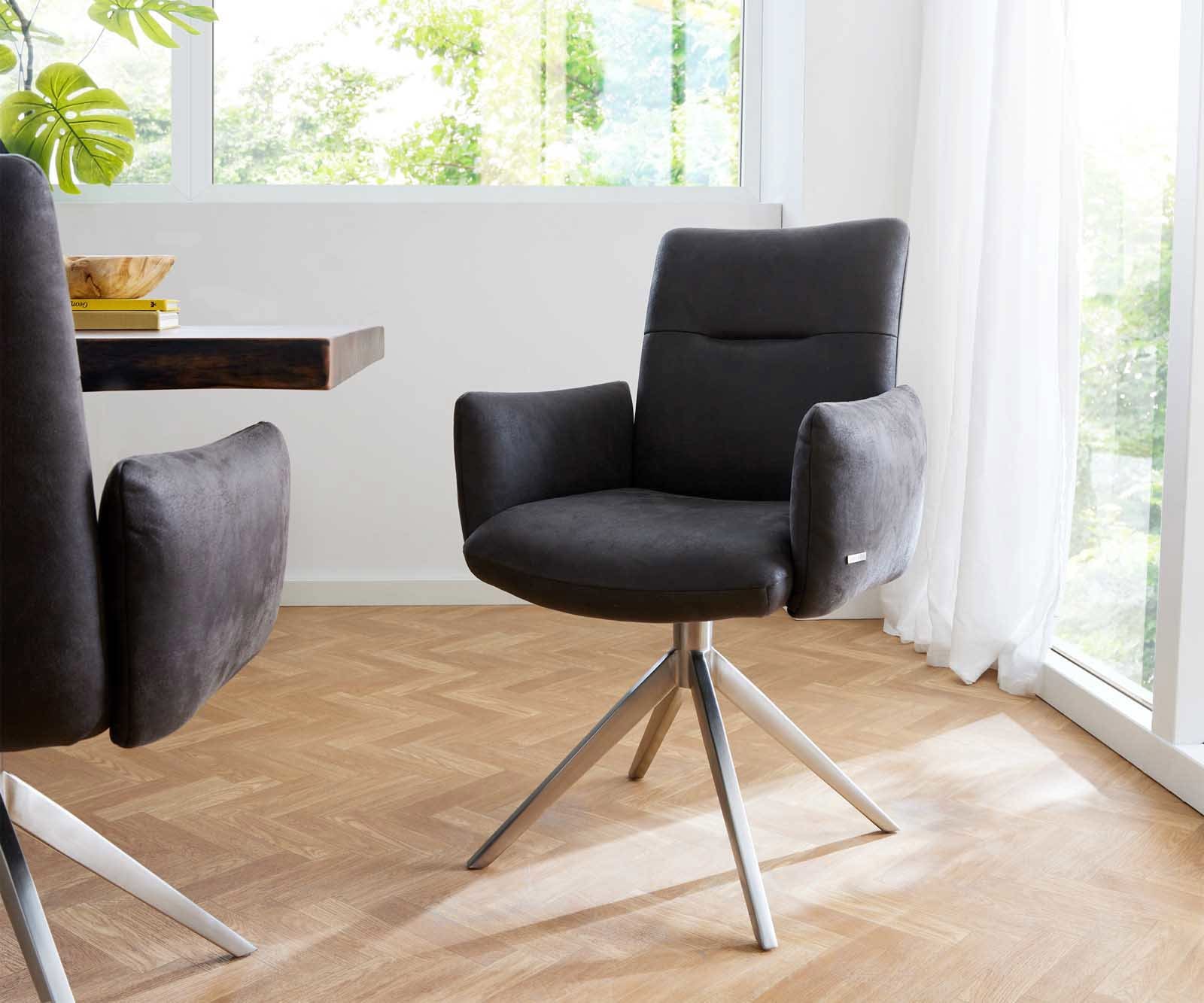 Drehstuhl Jova-Flex mit Armlehnen Mikrofaser Anthrazit Vintage Kreuzgestell breit Edelstahl 360° drehbar Taschenfederkern