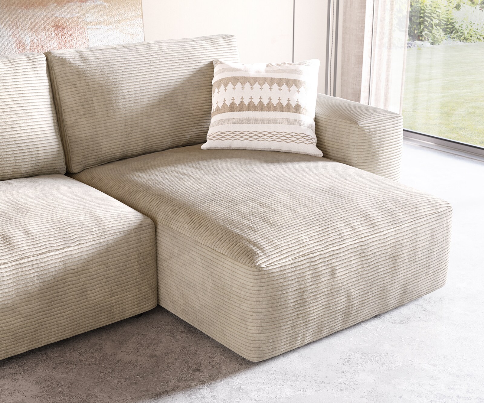 Ecksofa Lanzo 230x155 cm Cord Beige Recamiere variabel mit Hocker 5