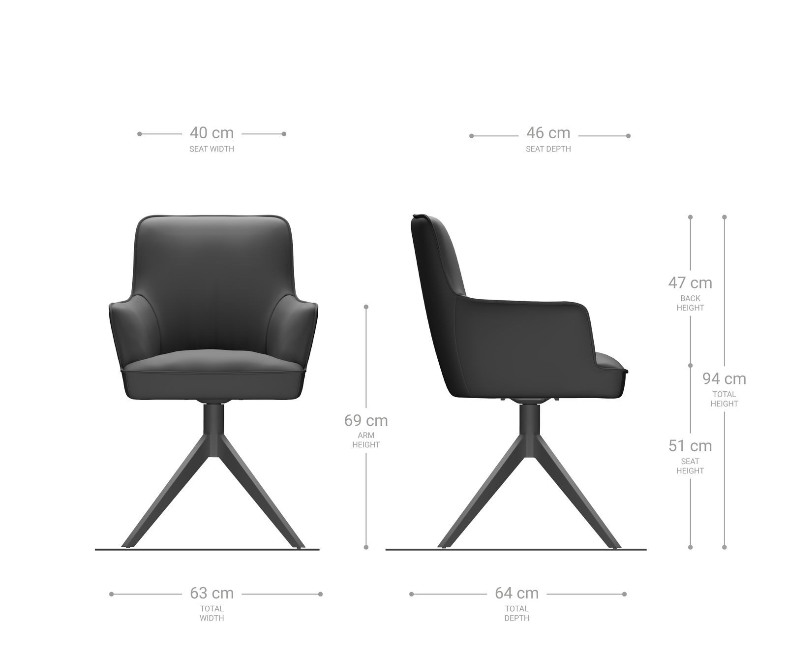 Drehstuhl Heira-Flex mit Armlehnen Bouclé Silbergrau Kreuzgestell breit Schwarz 360° drehbar Taschenfederkern 7