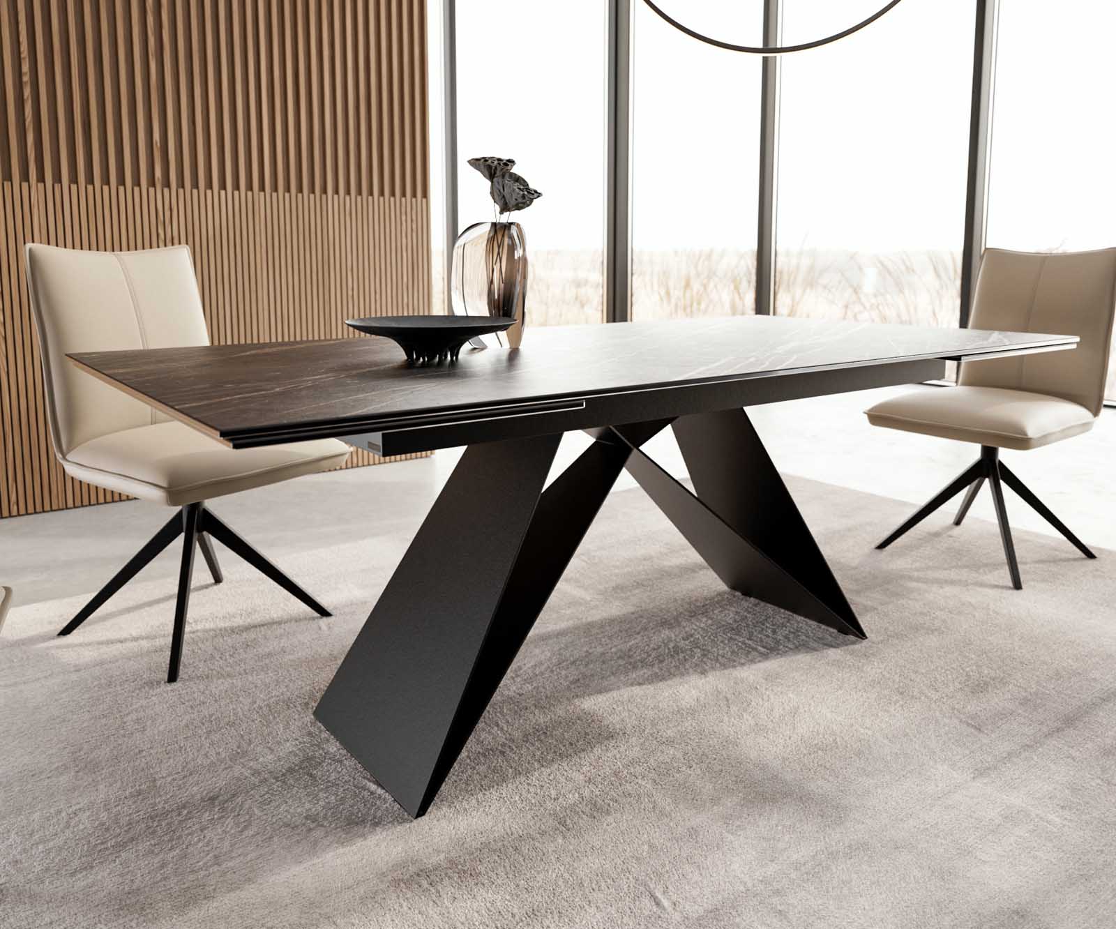 Esstisch Edge 200-300x100 Keramik Laminam®Noir Desir Braun V-Gestell Flachstahl Schwarz ausziehbar 5