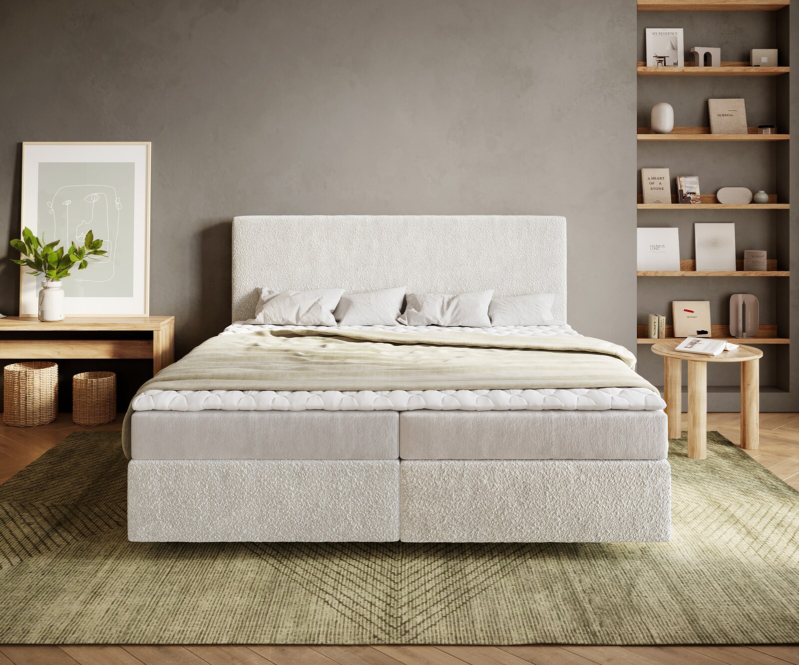 Boxspringbett Dream-Well 180x200 cm Bouclé Creme-Weiß mit Matratze und Topper 1