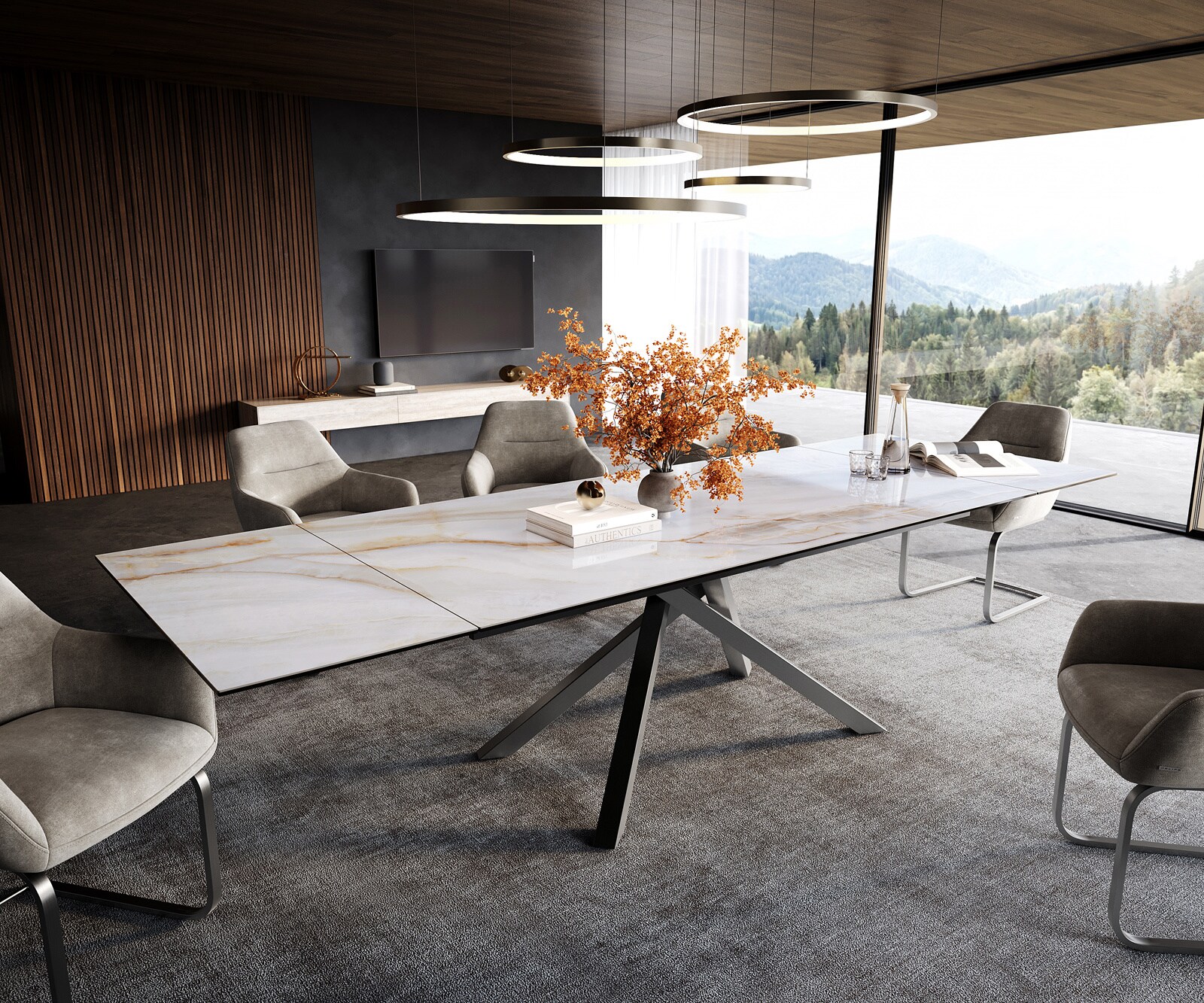 Esstisch Edge 200-300x100 cm Keramik Onyx Pearl Kreuzgestell Rechteck Edelstahl Graphit ausziehbar 1