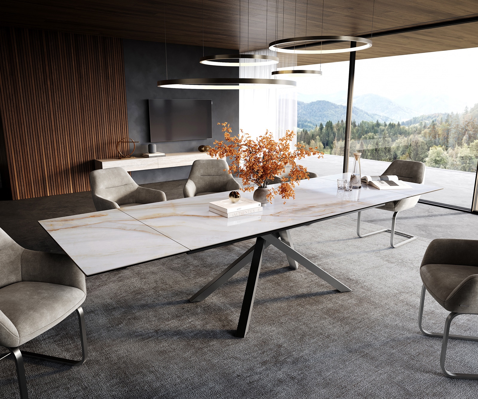 Esstisch Edge 200-300x100 cm Keramik Onyx Pearl Kreuzgestell Rechteck Edelstahl Graphit ausziehbar