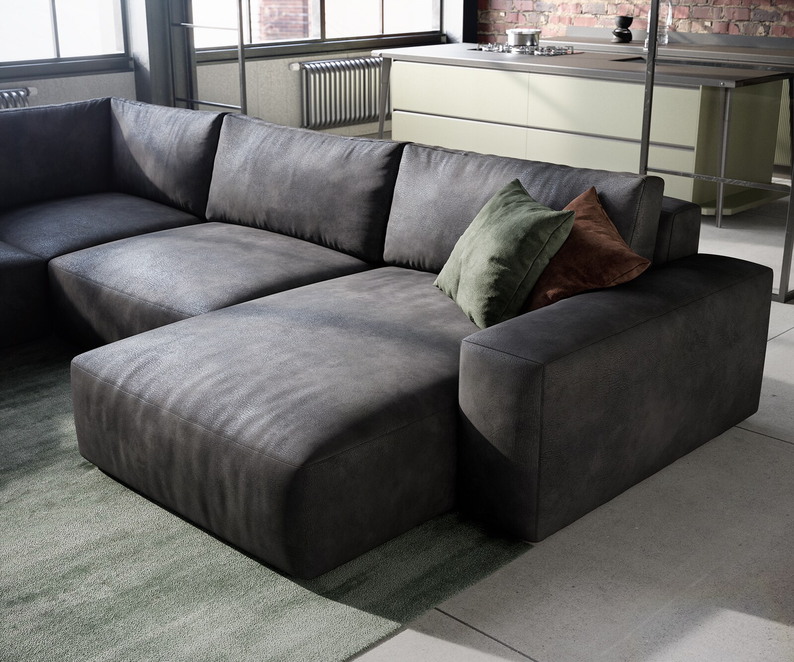 Wohnlandschaft Lanzo 300x210 cm Lederimitat Vintage Anthrazit Recamiere variabel 4