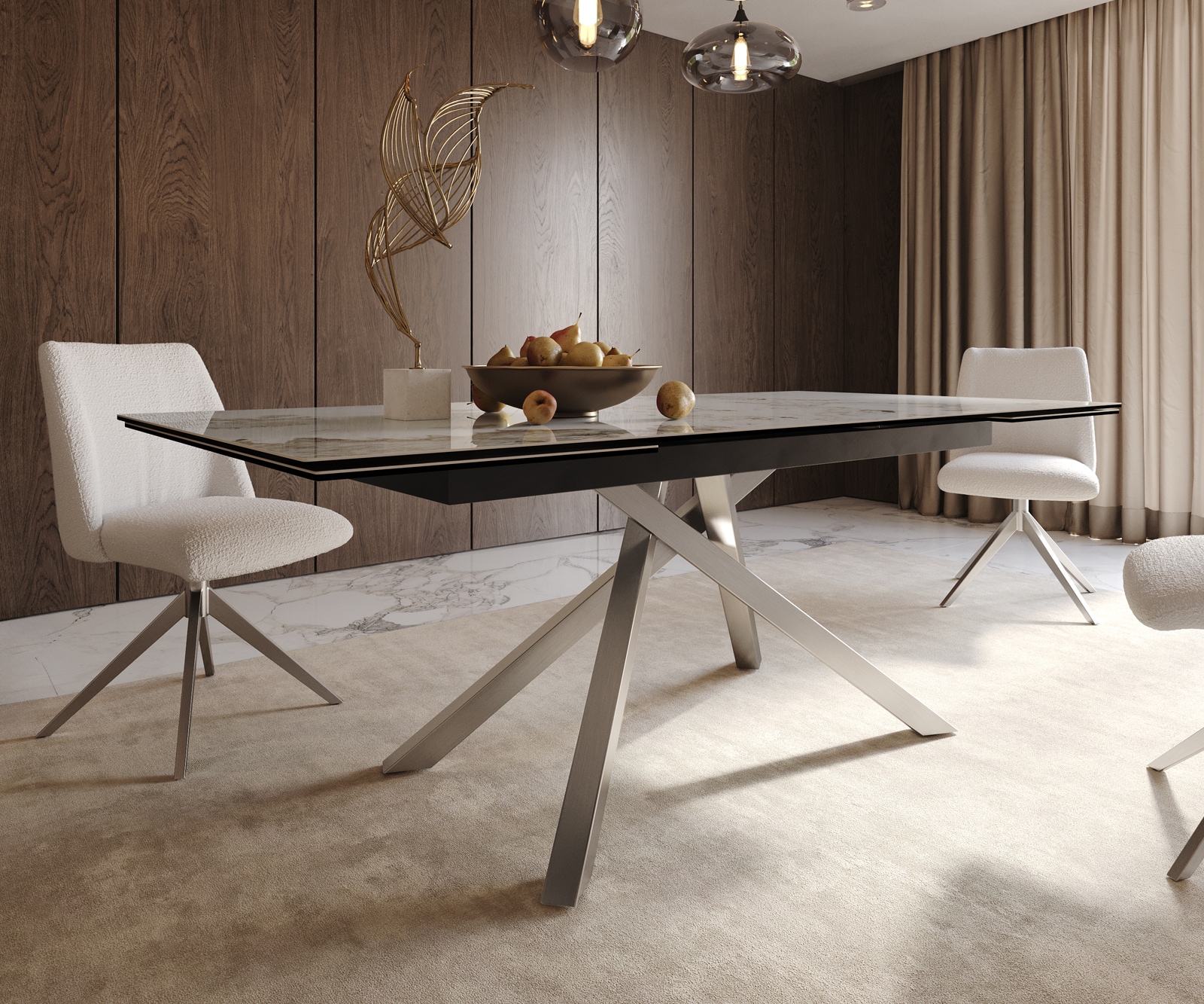 Esstisch Edge 200-300x100 Keramik Minas Melange Weiß-Beige Kreuzgestell Rechteck Edelstahl ausziehbar 7