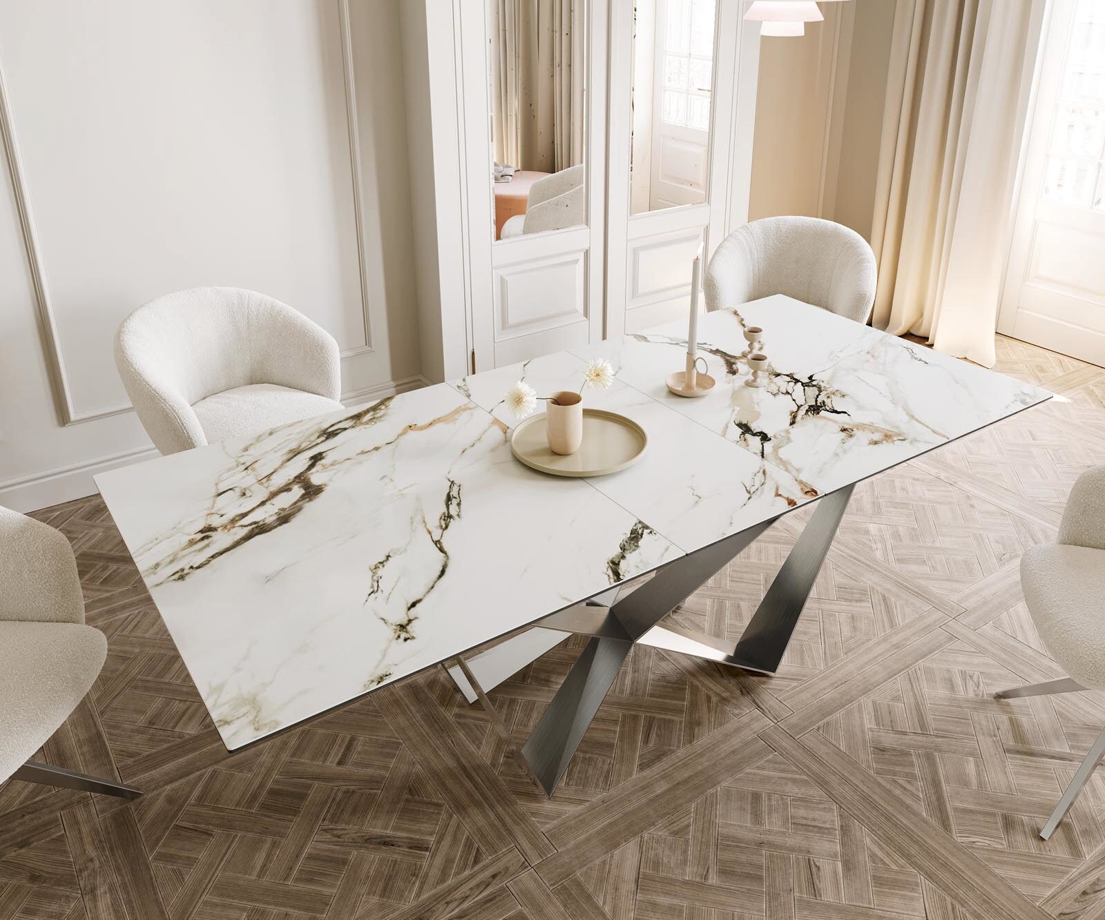 Esstisch Edge 180-220x100 Keramik Calacatta Luxe Weiß-Gold-Grau Spider Flachstahl Edelstahl ausziehbar 3