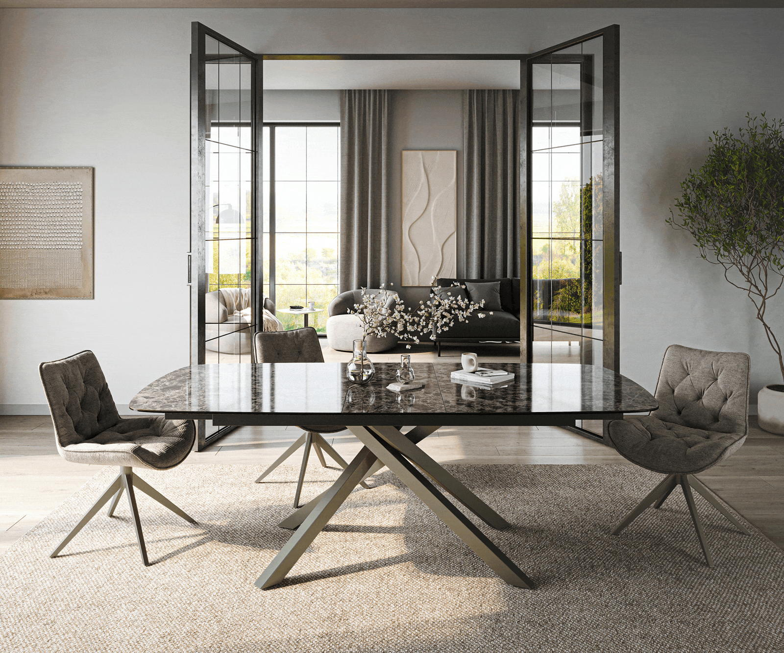 Esstisch Edge Boot 180-220x100 cm Keramik Emperador Extra Lucidato Dunkelbraun Kreuzgestell Rechteck Effektfinish Titan ausziehbar 2