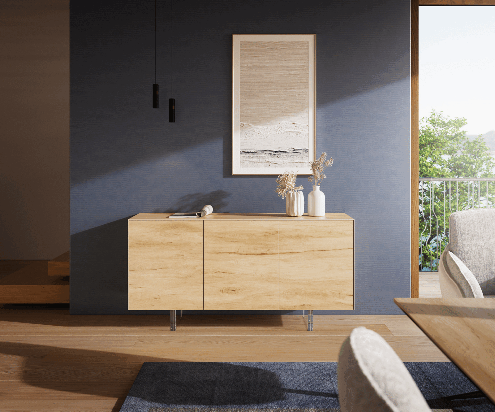 Sideboard Cuor 150 cm Keramik Laminam® Sabbia Eichefarbig 3 Türen Fuß Schwebeoptik Acrylglas 1