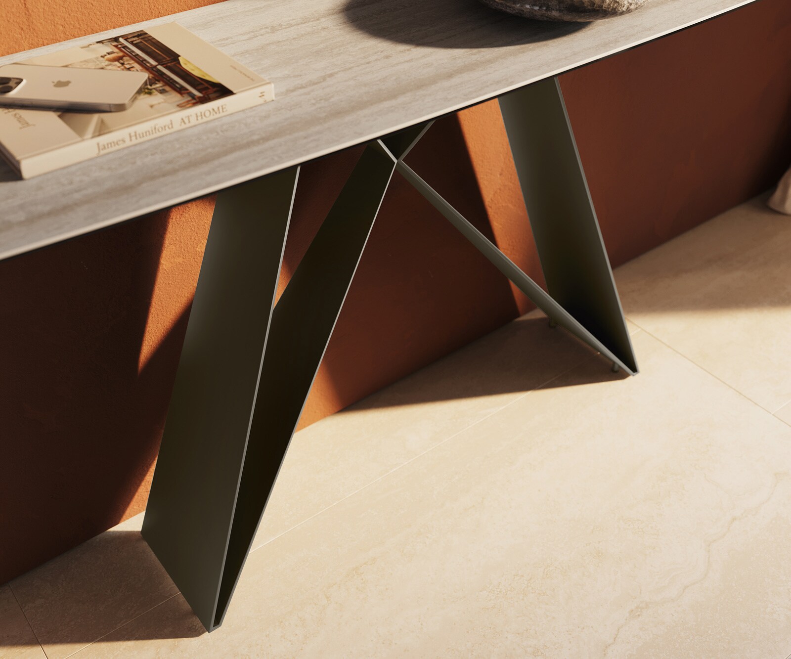 Konsolentisch Edge Boot 180x40 cm Keramik Laminam® Travertino Bianco Creme-Weiß Velio Metall Effektfinish Titan 5