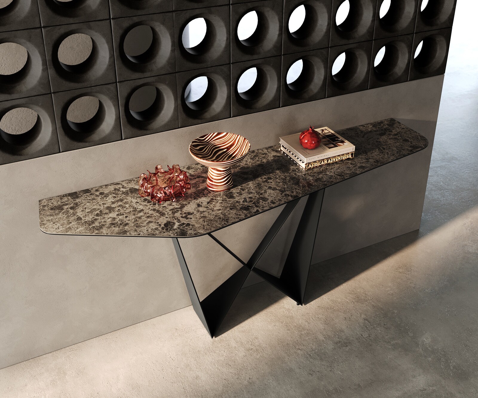 Konsolentisch Edge Polygonal 180x50 cm Keramik Emperador Extra Lucidato Dunkelbraun Spios Metall Schwarz 1