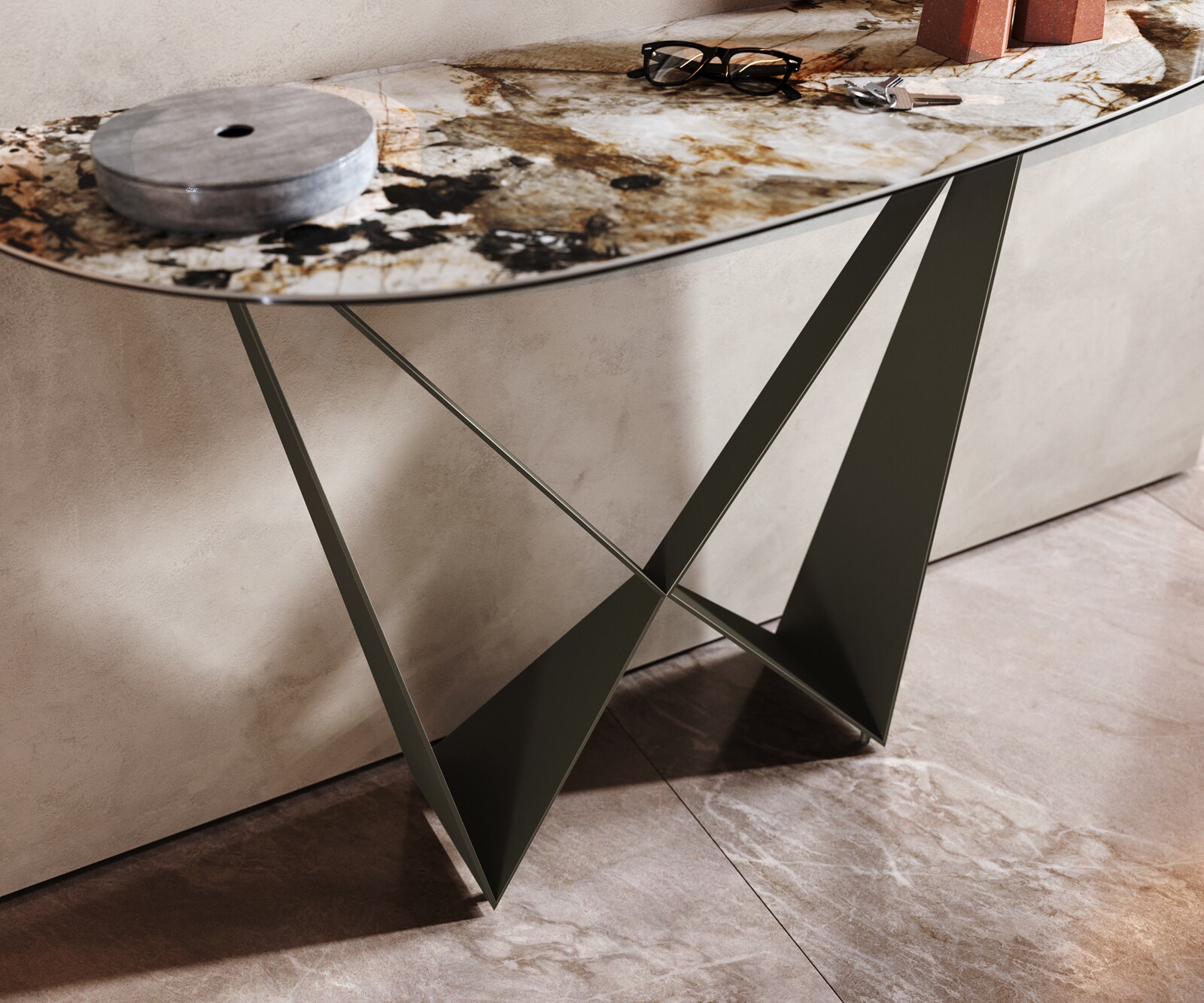 Konsolentisch Edge Oval 140x40 cm Keramik Patagonia Poliert Spios Metall Effektfinish Titan 5