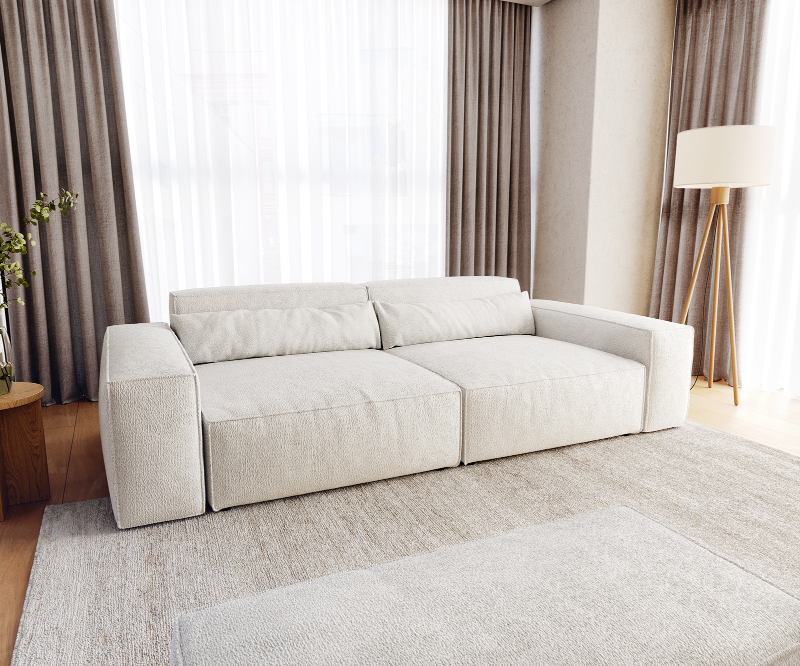 Big-Sofa Sirpio XL 270x130 cm Bouclé Creme-Weiß mit Hocker 1