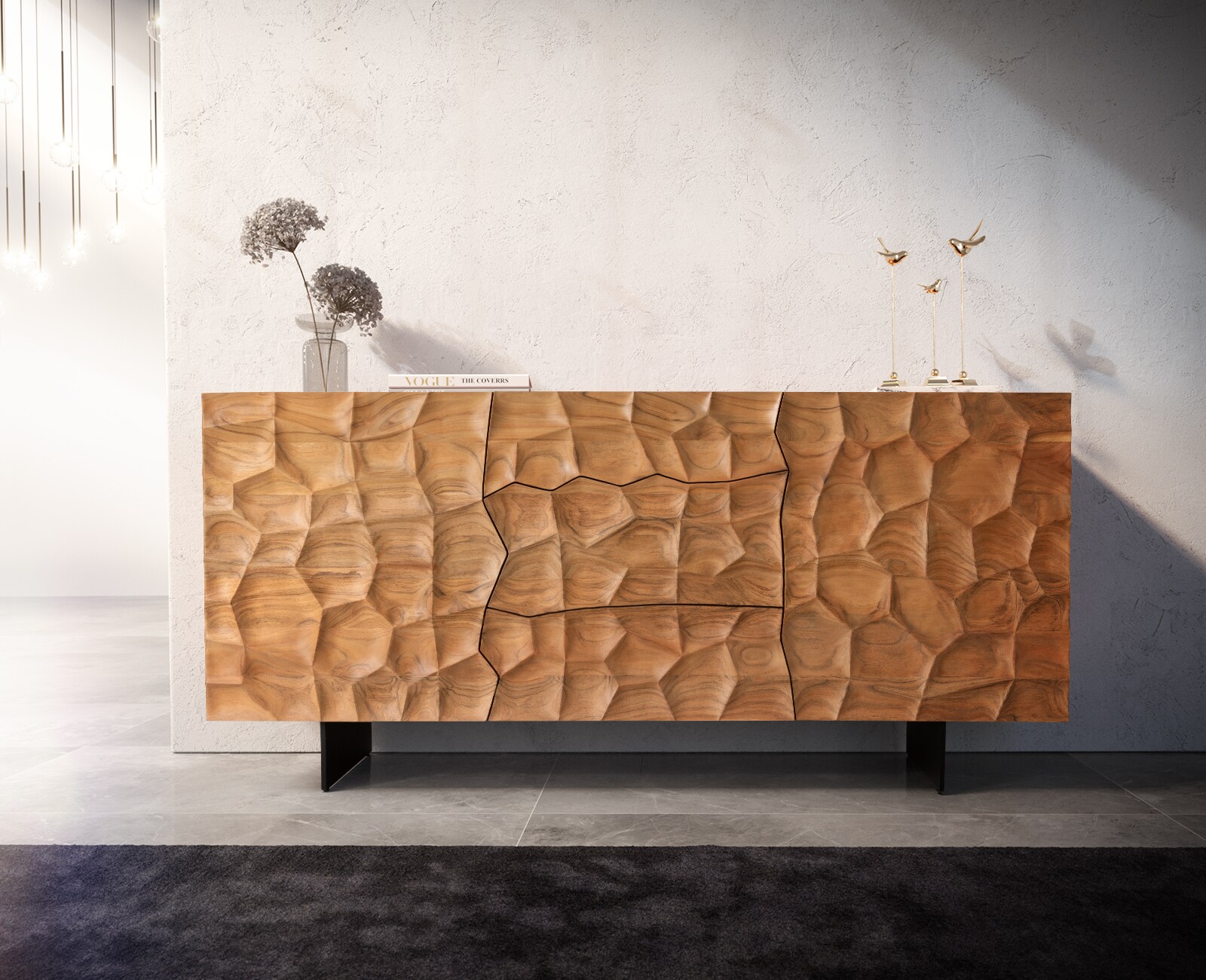Sideboard Solu 175 cm Akazie Natur 2 Türen 3 Schübe Fuß schwebend Metall Schwarz 3D-Front 1