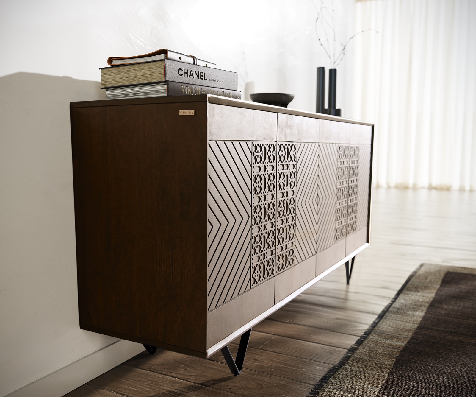 Sideboard Manjula 145 cm Mango Braun 4 Türen V-Fuß Metall Schwarz 4 Sideboard Manjula 145 cm Mango Braun 4 Türen V-Fuß Metall Schwarz 4