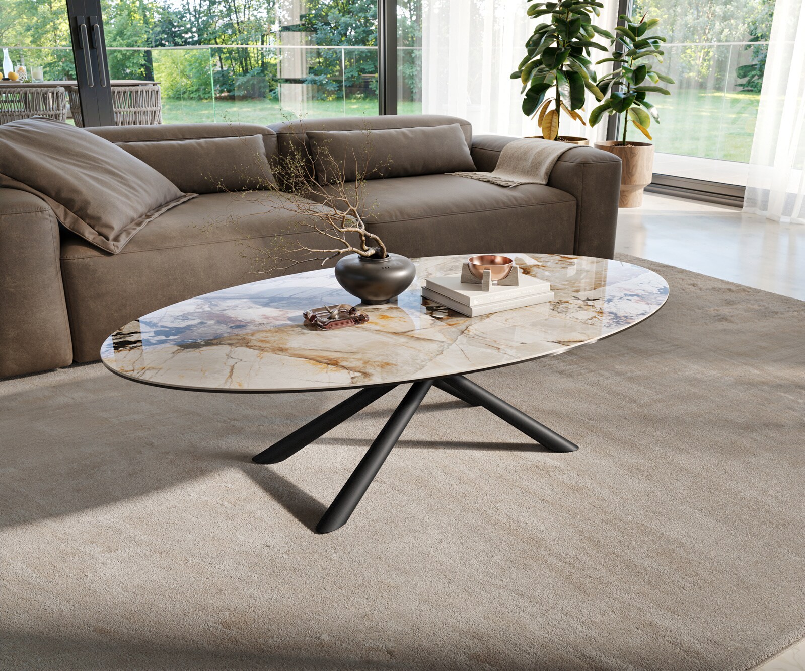 Couchtisch Edge Oval 140x80 cm Keramik Patagonia Poliert Sarity Metall Schwarz