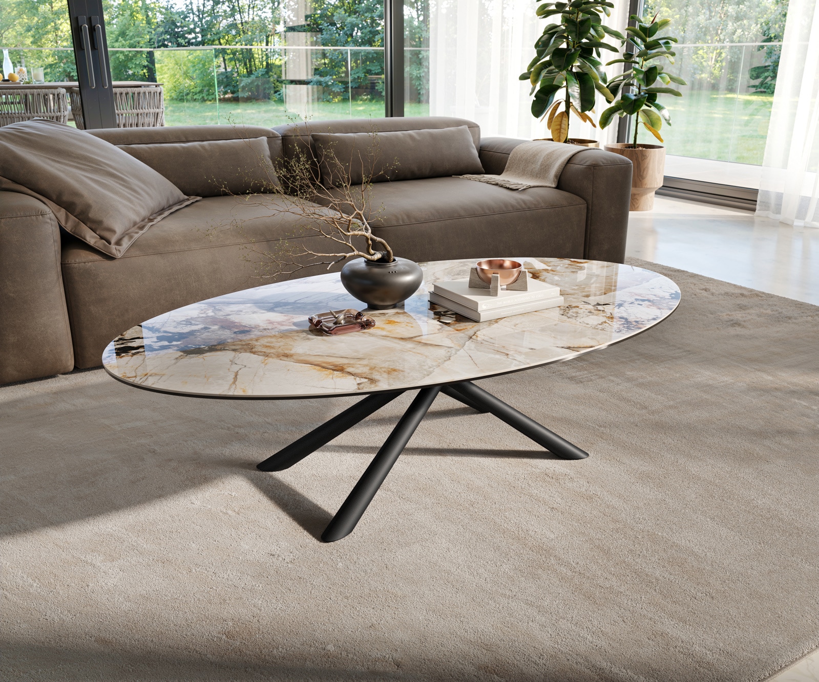 Couchtisch Edge Oval 140x80 cm Keramik Patagonia Poliert Sarity Metall Schwarz