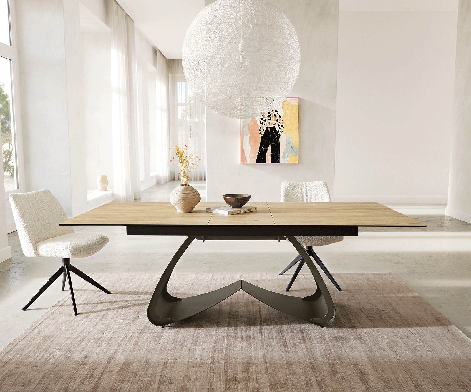 Esstisch Edge 180-220x100 Keramik Laminam® Sabbia Eichefarbig W-Gestell Effektfinish Titan Ausziehbar 5