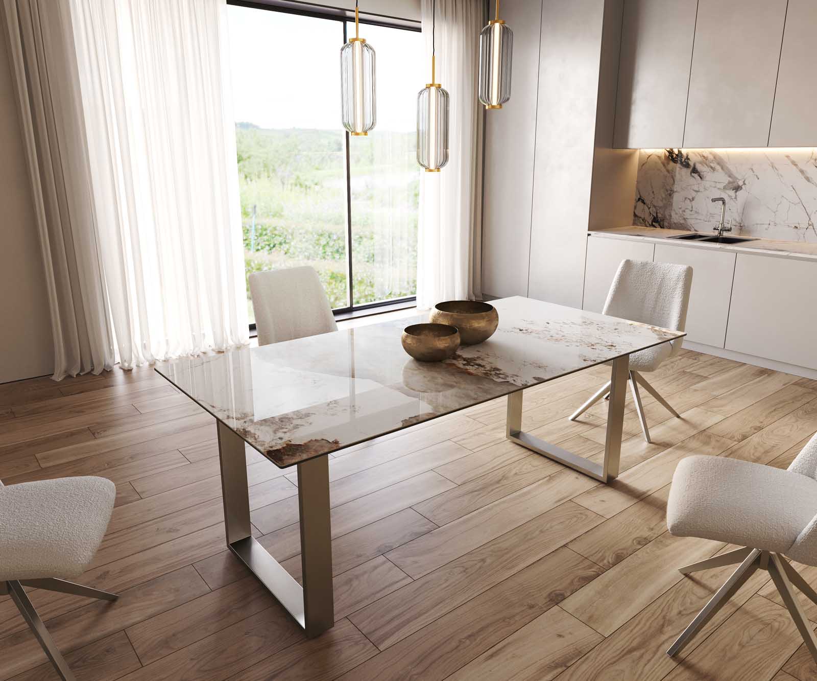 Esstisch Edge 200x100 Keramik Minas Melange Weiß-Beige Edelstahl Schmal Esstisch Edge 200x100 Keramik Minas Melange Weiß-Beige Edelstahl Schmal