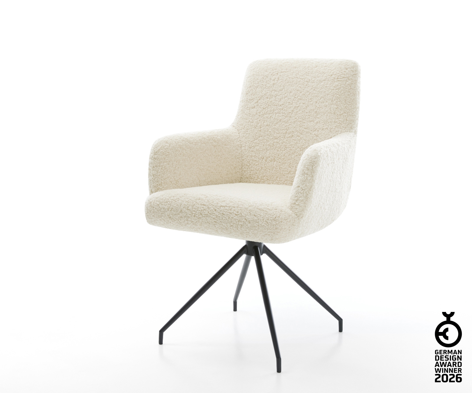 Esszimmerstuhl Heira-Flex mit Armlehnen Teddystoff Beige Kreuzgestell konisch Schwarz Taschenfederkern