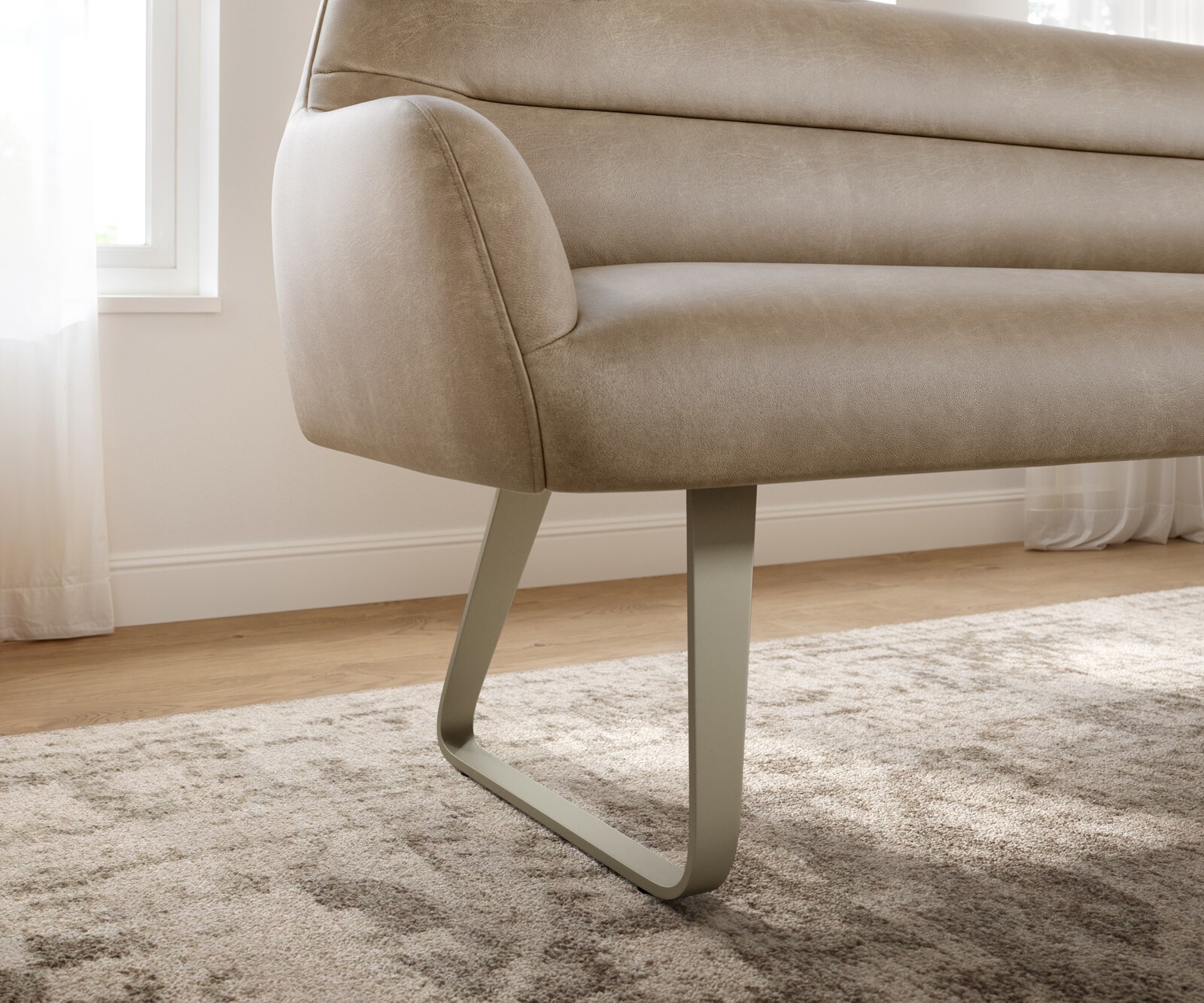 Esszimmerbank Taya-Flex 200 cm Mikrofaser Beige Vintage Kufengestell flach Effektfinish Titan Taschenfederkern 4