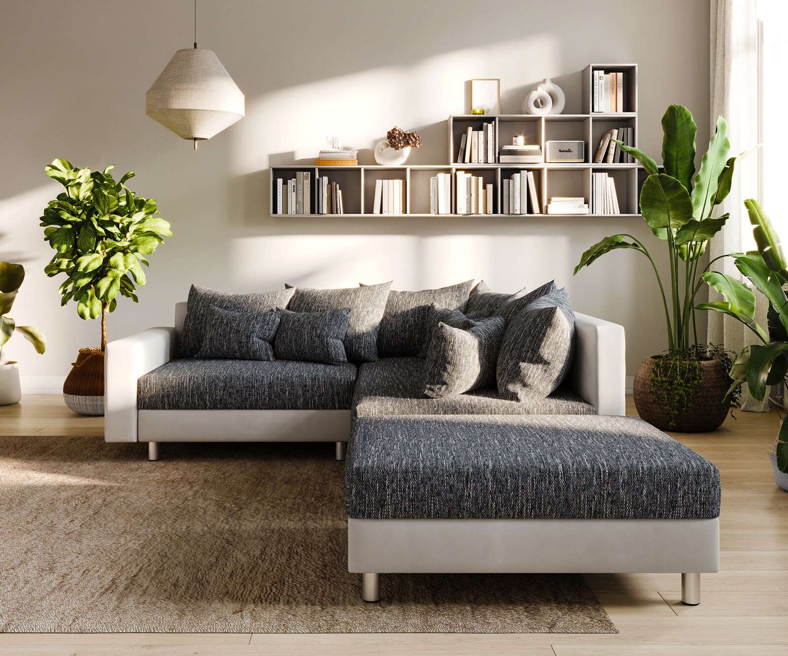 Ecksofa Clovis Weiss Schwarz Hocker Armlehne Ottomane Rechts modular 1