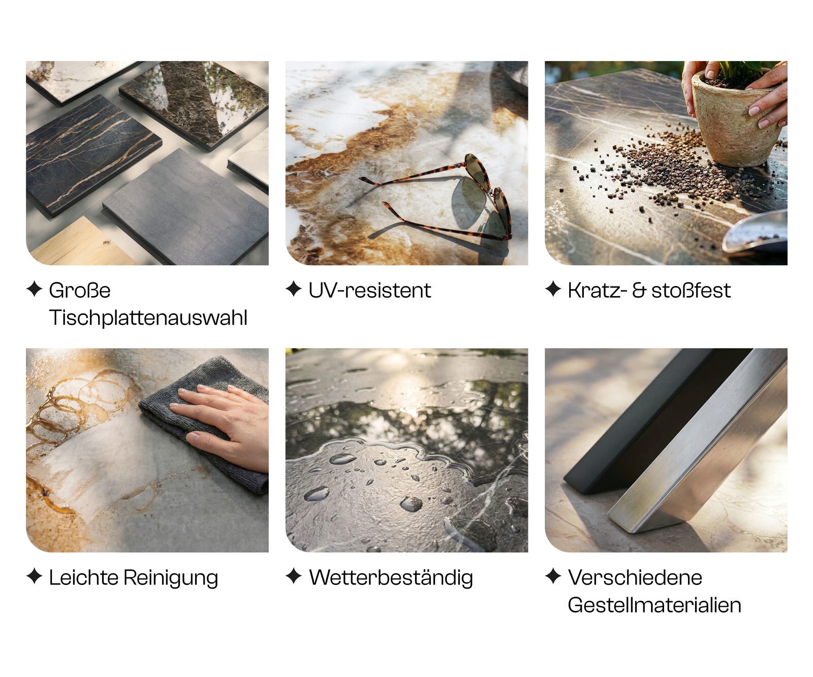 Outdoortisch Edge 300x100 cm Keramik Calacatta Luxe Weiß-Gold-Grau Kreuzgestell Rechteck Edelstahl 8