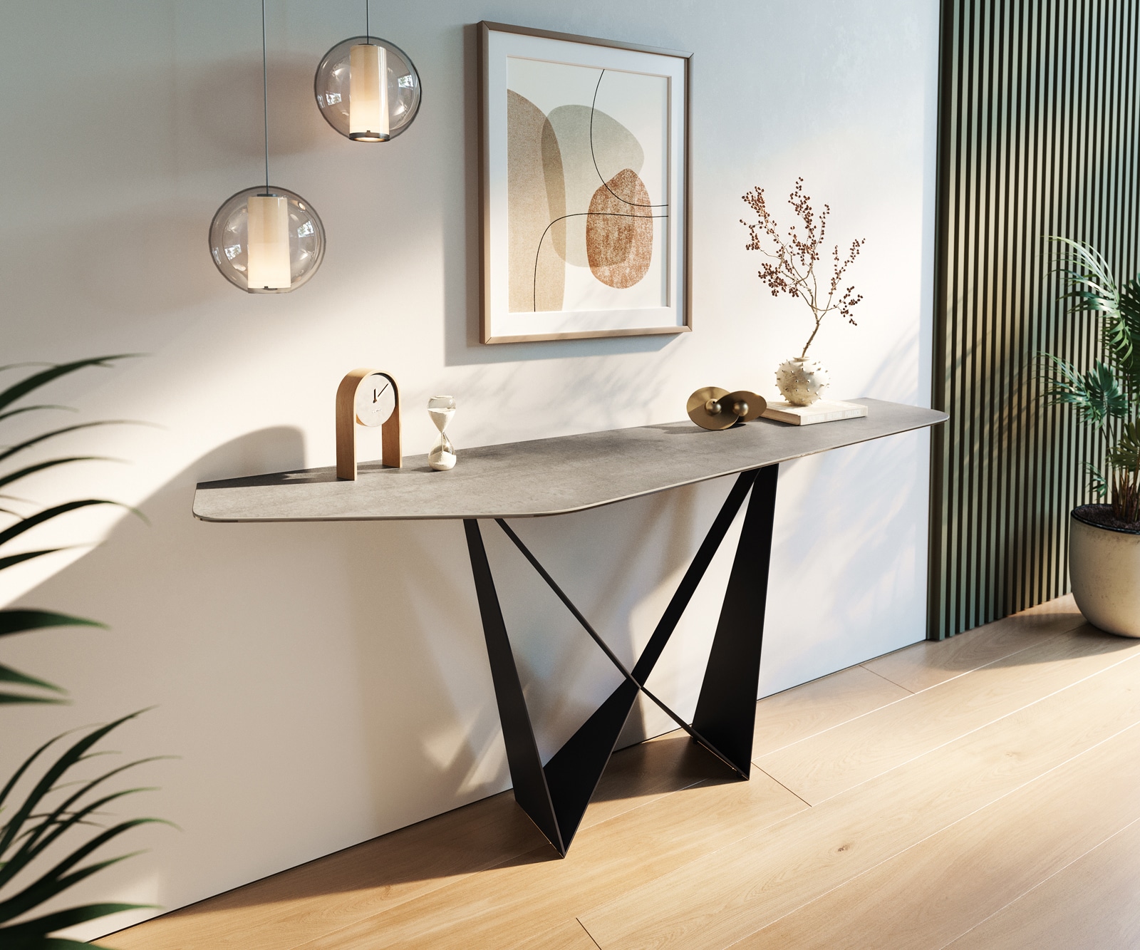 Konsolentisch Edge Polygonal 180x50 cm Keramik Beton Grau Spios Metall Schwarz
