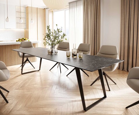 Esstisch Edge 300x100 Keramik Laminam® Nero Greco Anthrazit Metall Schräg Schwarz