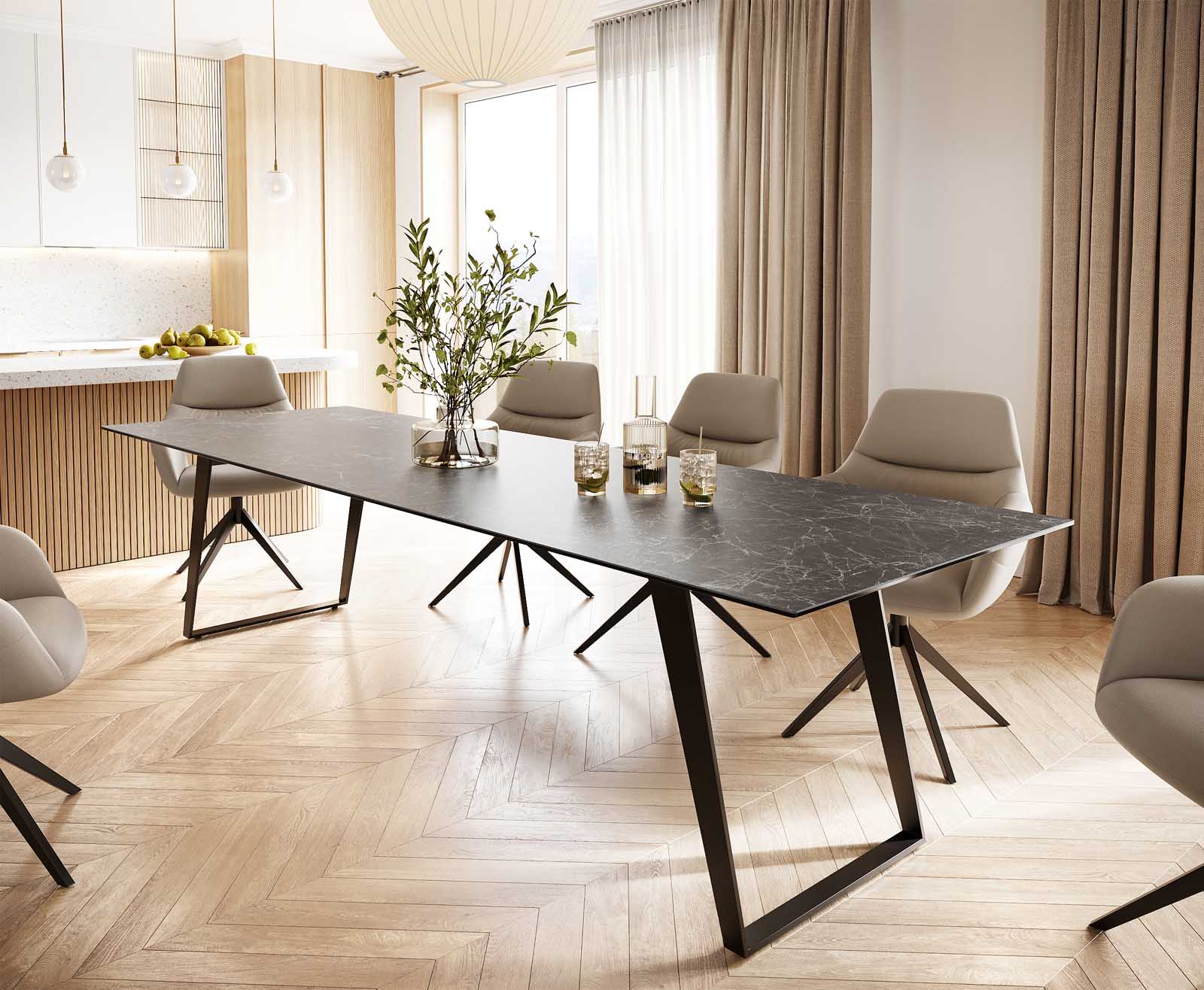 Esstisch Edge 300x100 Keramik Laminam® Nero Greco Anthrazit Metall Schräg Schwarz