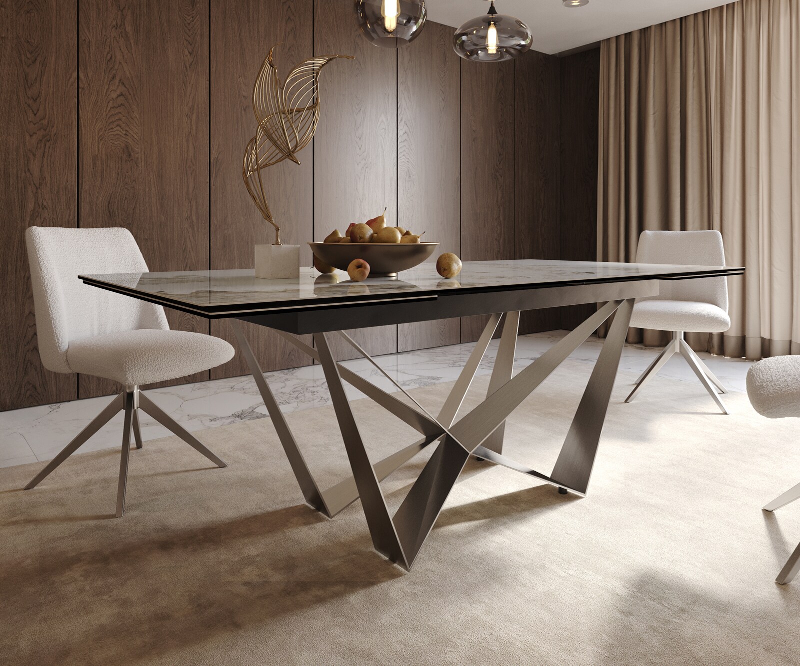 Esstisch Edge 200-300x100 Keramik Minas Melange Weiß-Beige Spider Flachstahl Edelstahl ausziehbar 7