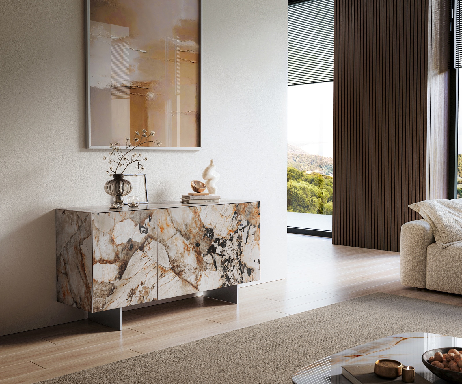 Sideboard Cuor 150 cm Keramik Patagonia Poliert 3 Türen Fuß Schwebeoptik Edelstahl 1