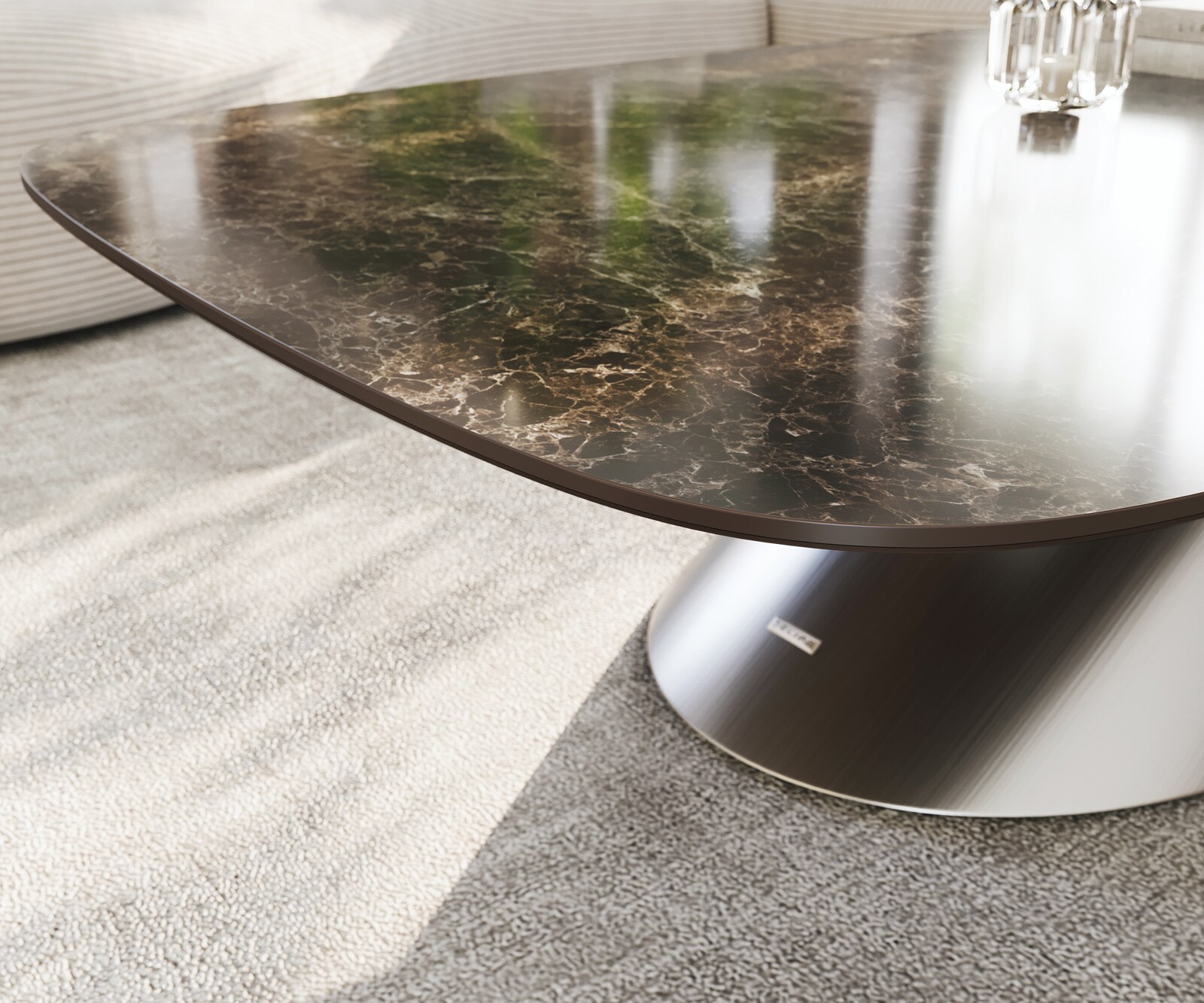 Couchtisch Edge Boot 140x80 cm Keramik Laminam® Emperador Extra Lucidato Dunkelbraun Conis Edelstahl gebürstet 5