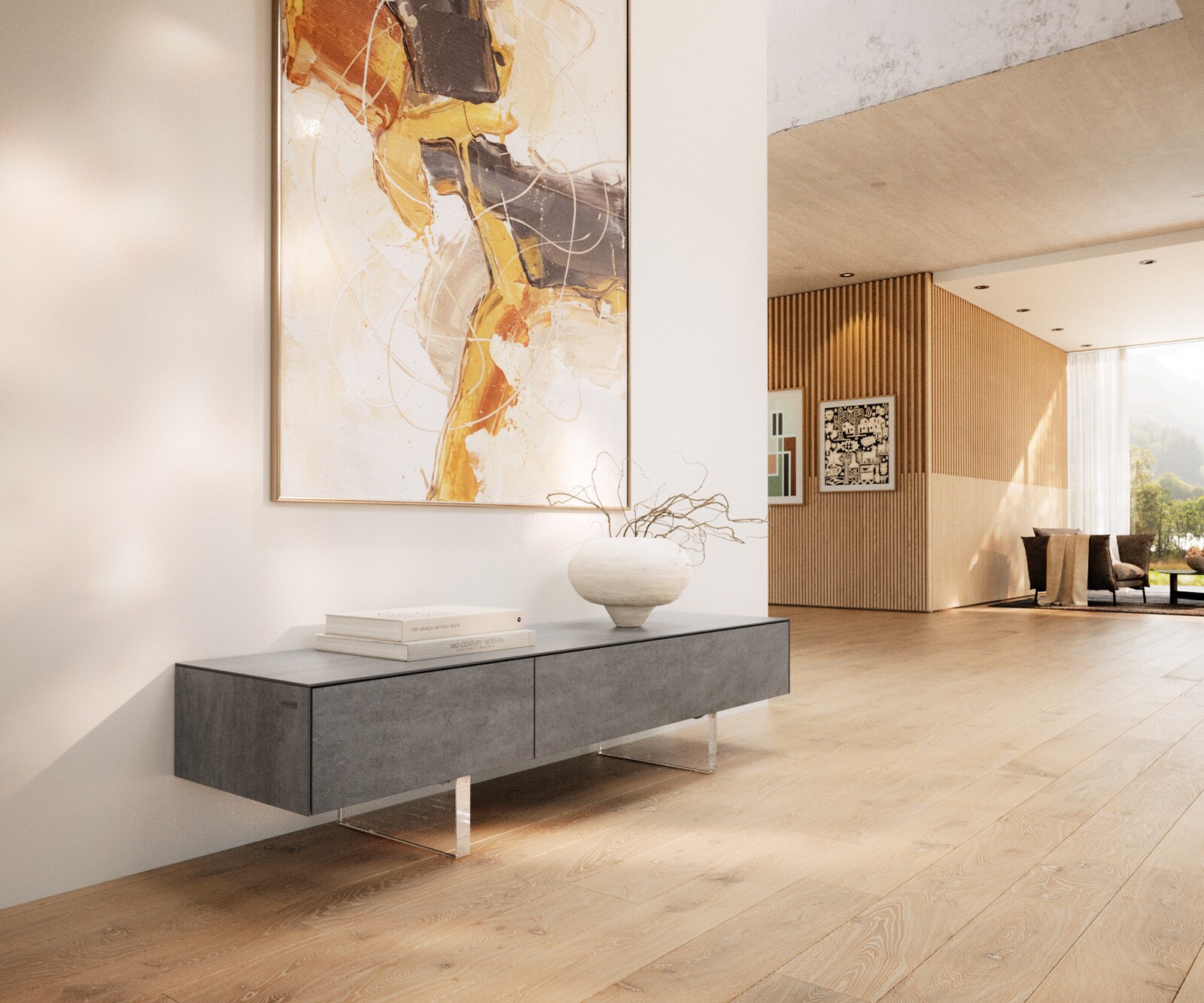 Lowboard Cuor 150 cm Keramik Beton Grau 1 Klappe 1 Schubfach Fuß Schwebeoptik Acrylglas