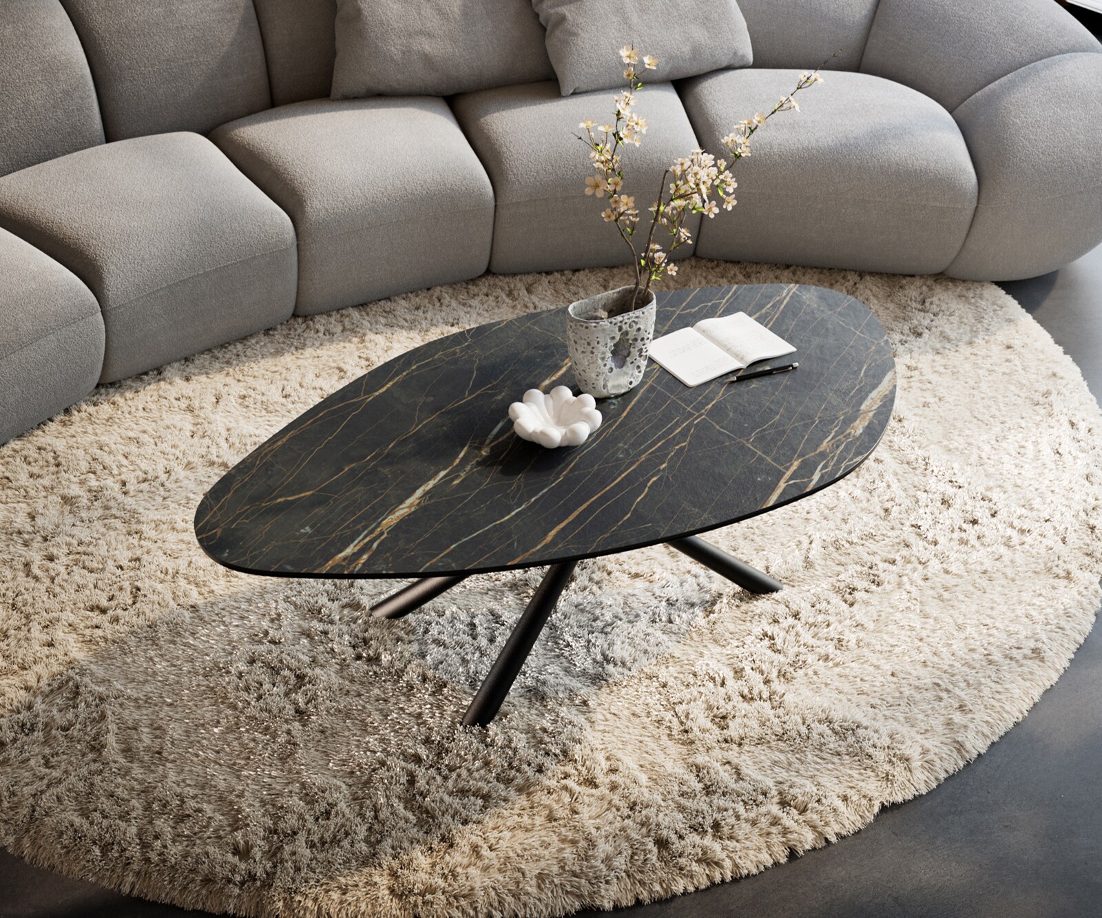 Couchtisch Edge Organisch 140x76 cm Keramik Laminam® Noir Desir Braun Sarity Metall Schwarz 3