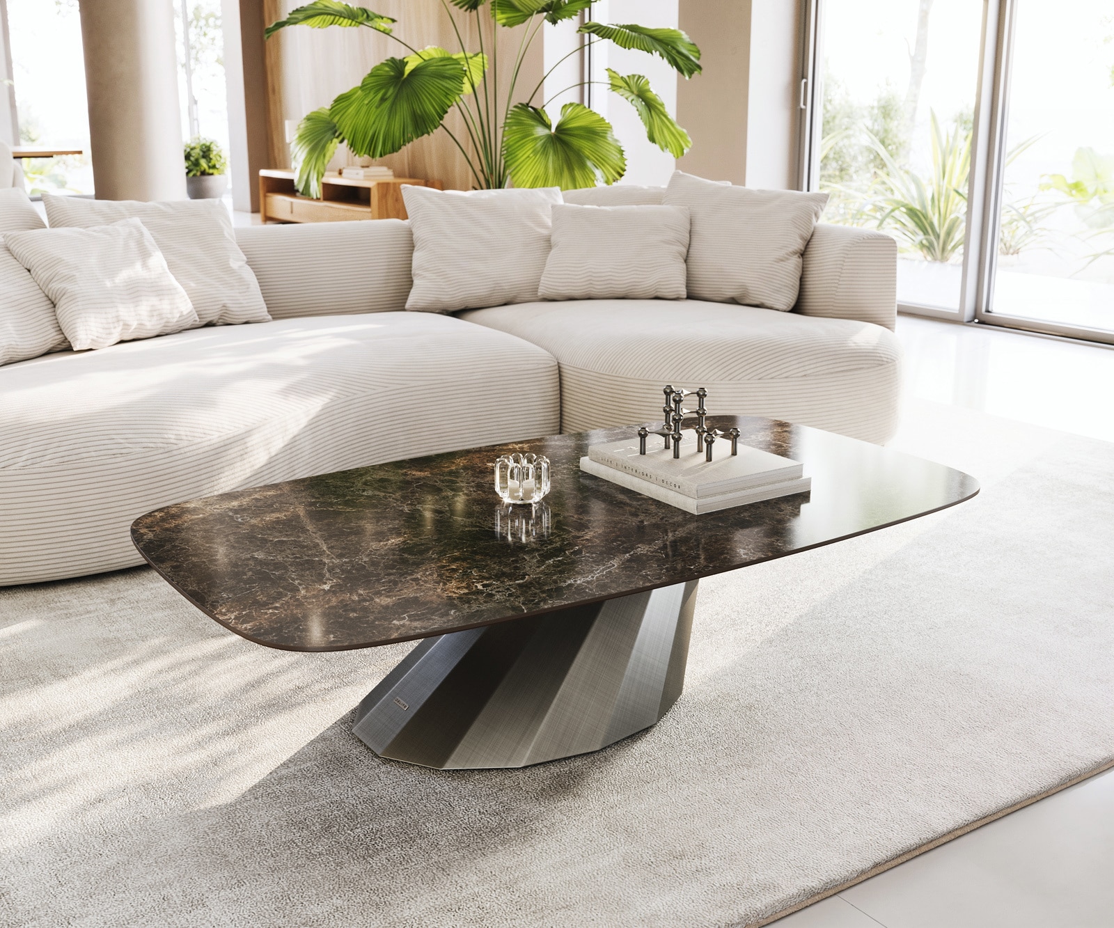 Couchtisch Edge Boot 140x80 cm Keramik Emperador Extra Lucidato Dunkelbraun Parabi Metallic Silber 1