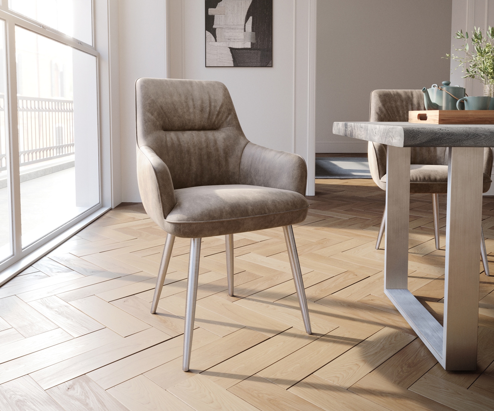 Esszimmerstuhl Zelia-Flex mit Armlehnen Mikrofaser Taupe Vintage 4-Fuß konisch Edelstahl Taschenfederkern 1