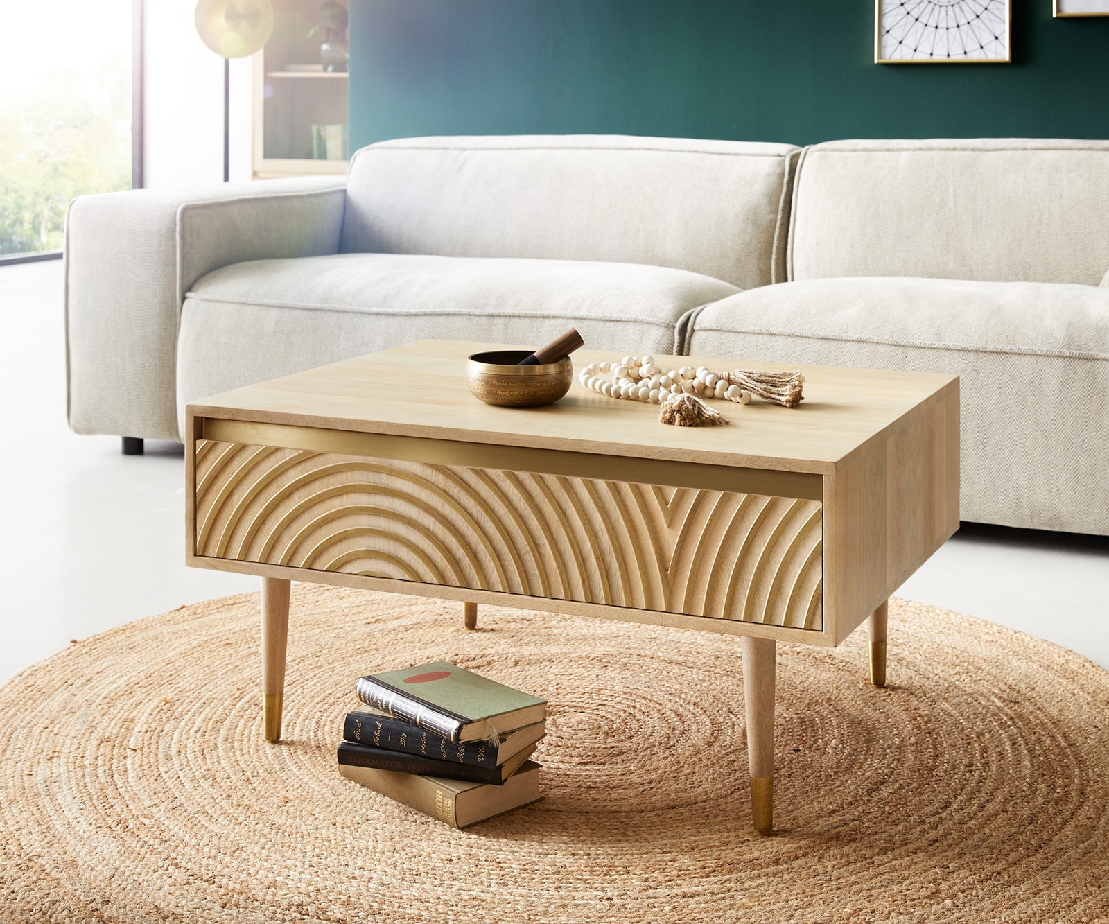 Couchtisch Budaya 80x60 cm Mango Natur 2 Schubfächer Fuß rund Couchtisch Budaya 80x60 cm Mango Natur 2 Schubfächer Fuß rund