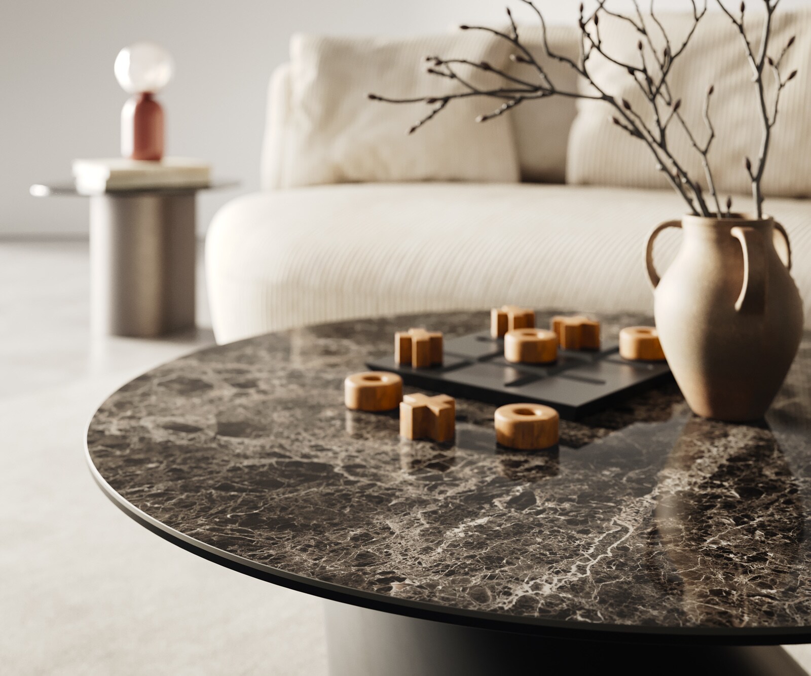 Couchtisch Edge Rund 90x90 cm Keramik Laminam® Emperador Extra Lucidato Dunkelbraun Conis Metall Schwarz 3